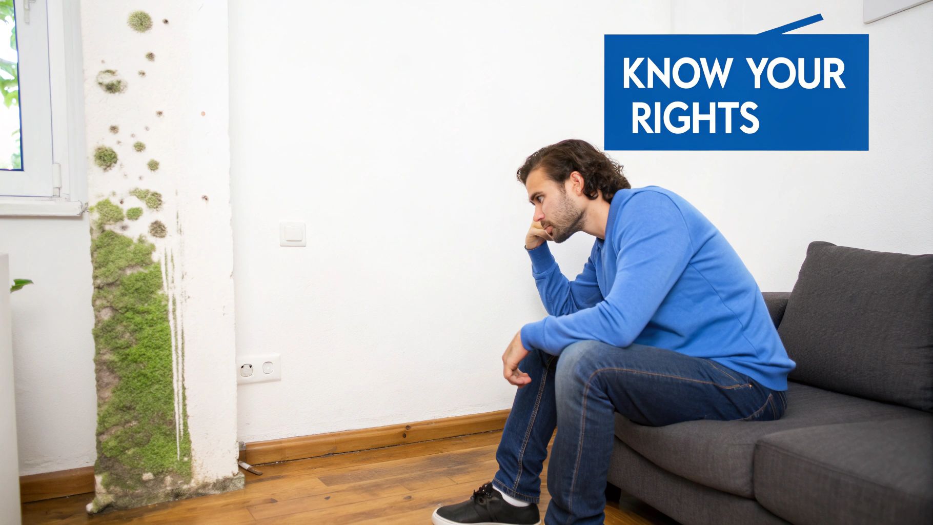 A man sits on a sofa, distressed by severe mold growth on an apartment wall, with a 'Know Your Rights' sign.