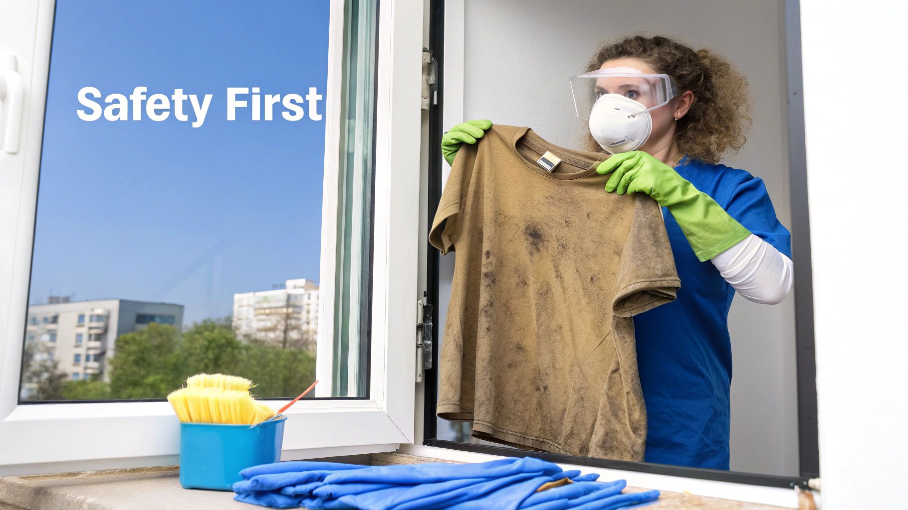 Woman wearing protective mask and gloves holding dirty moldy shirt during safety cleaning process