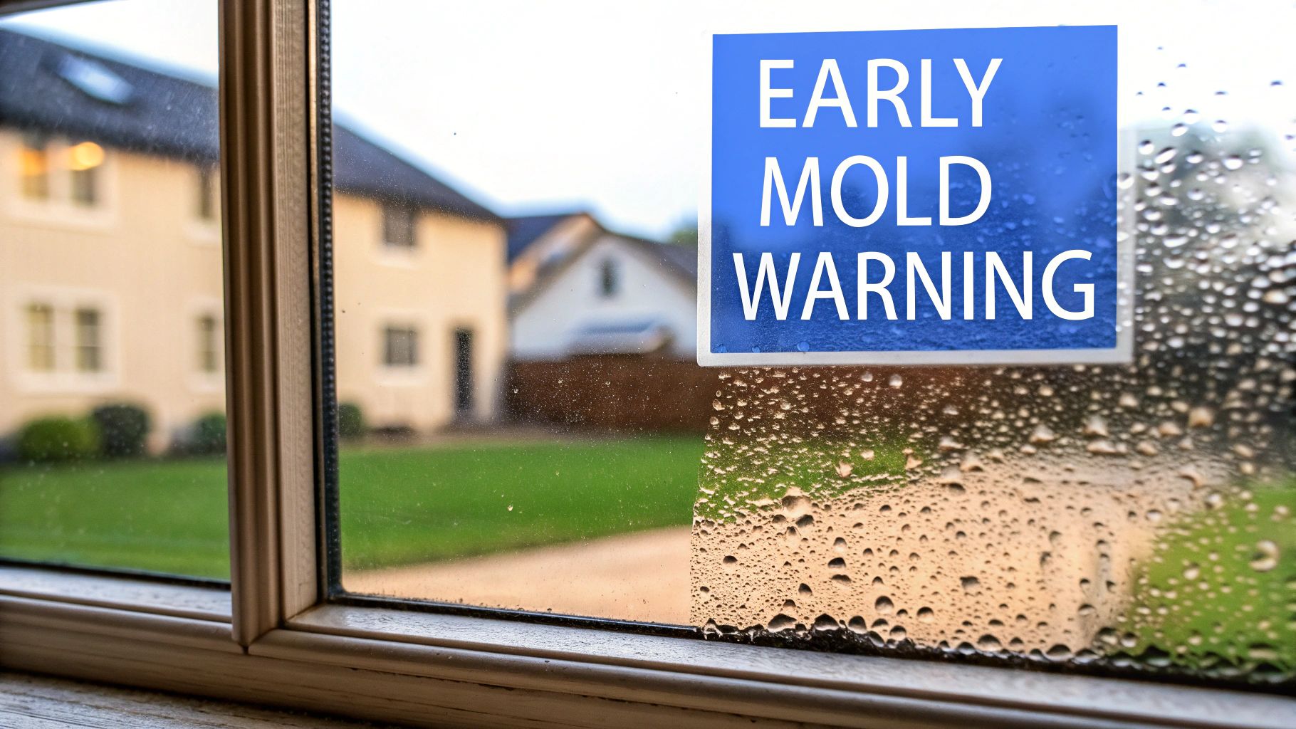 A window with visible condensation and an 'EARLY MOLD WARNING' sign, with houses outside blurred.