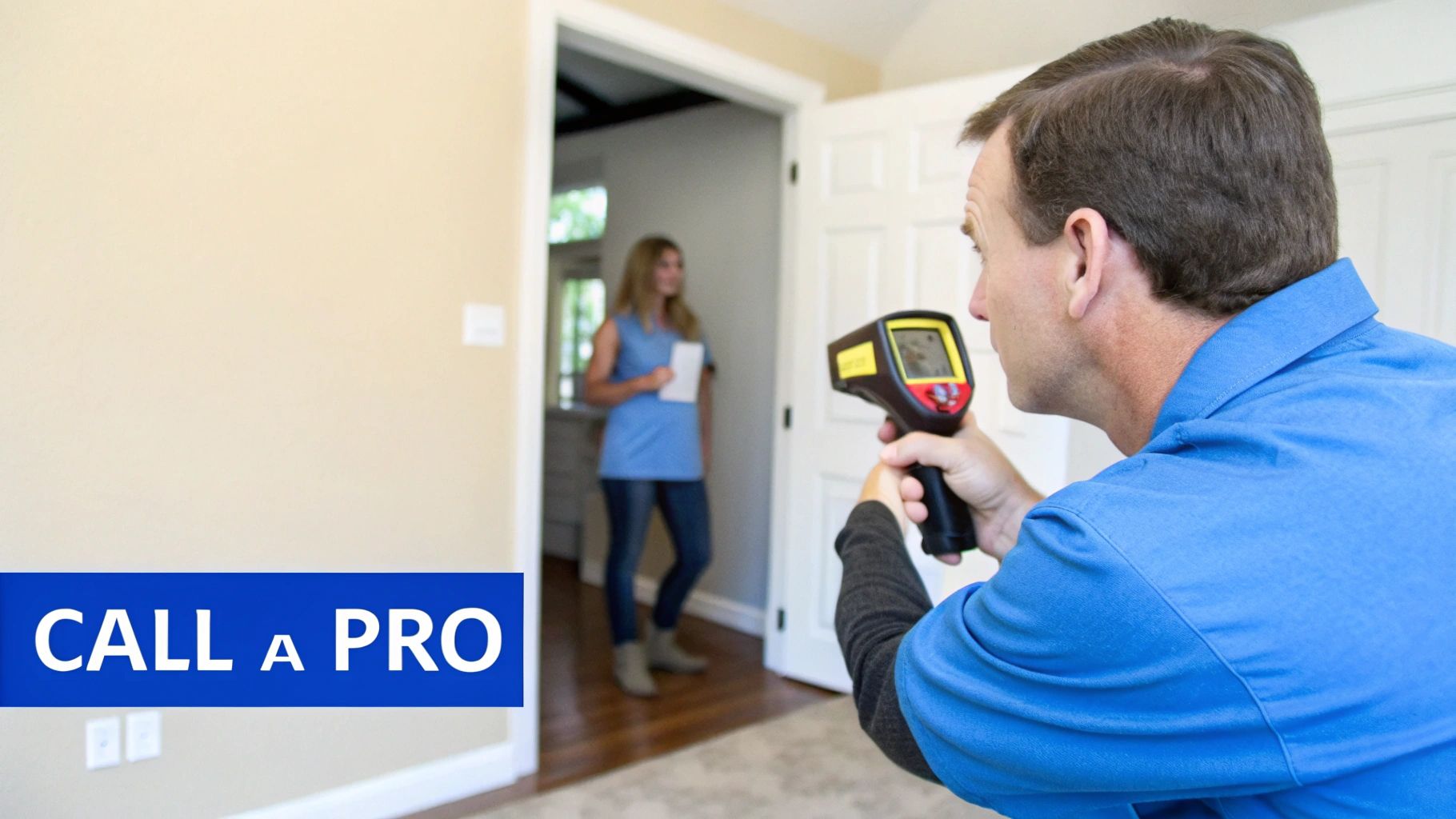 A professional uses a thermal imaging camera to inspect a wall for mold in a residential home.