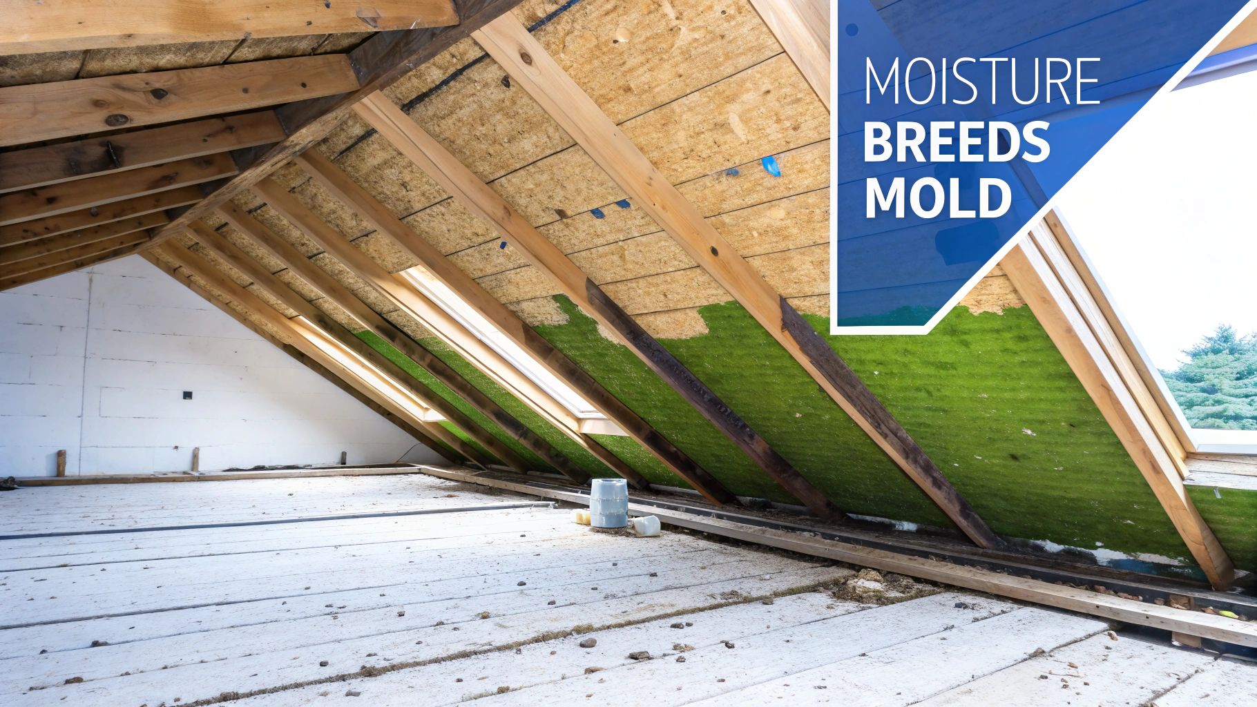 Attic interior with visible green mold on insulation, highlighting moisture damage in a roof space.