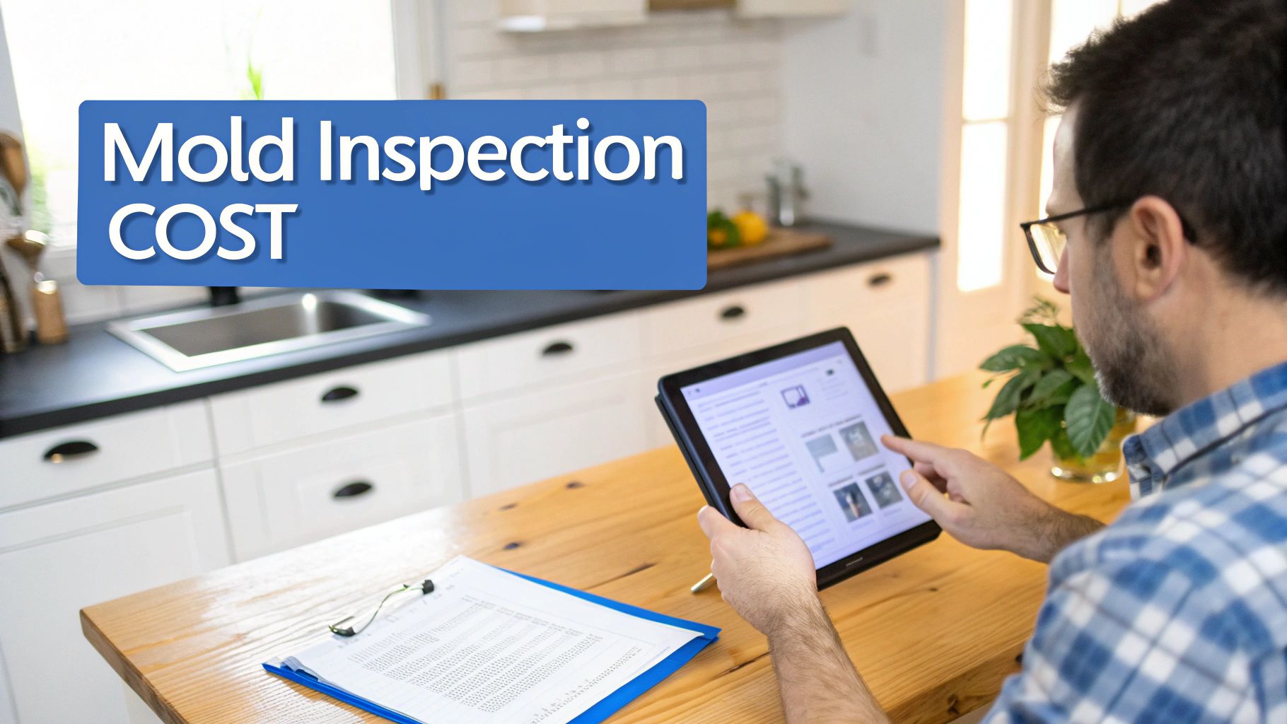 A man researches mold inspection costs on a tablet in a modern home kitchen.