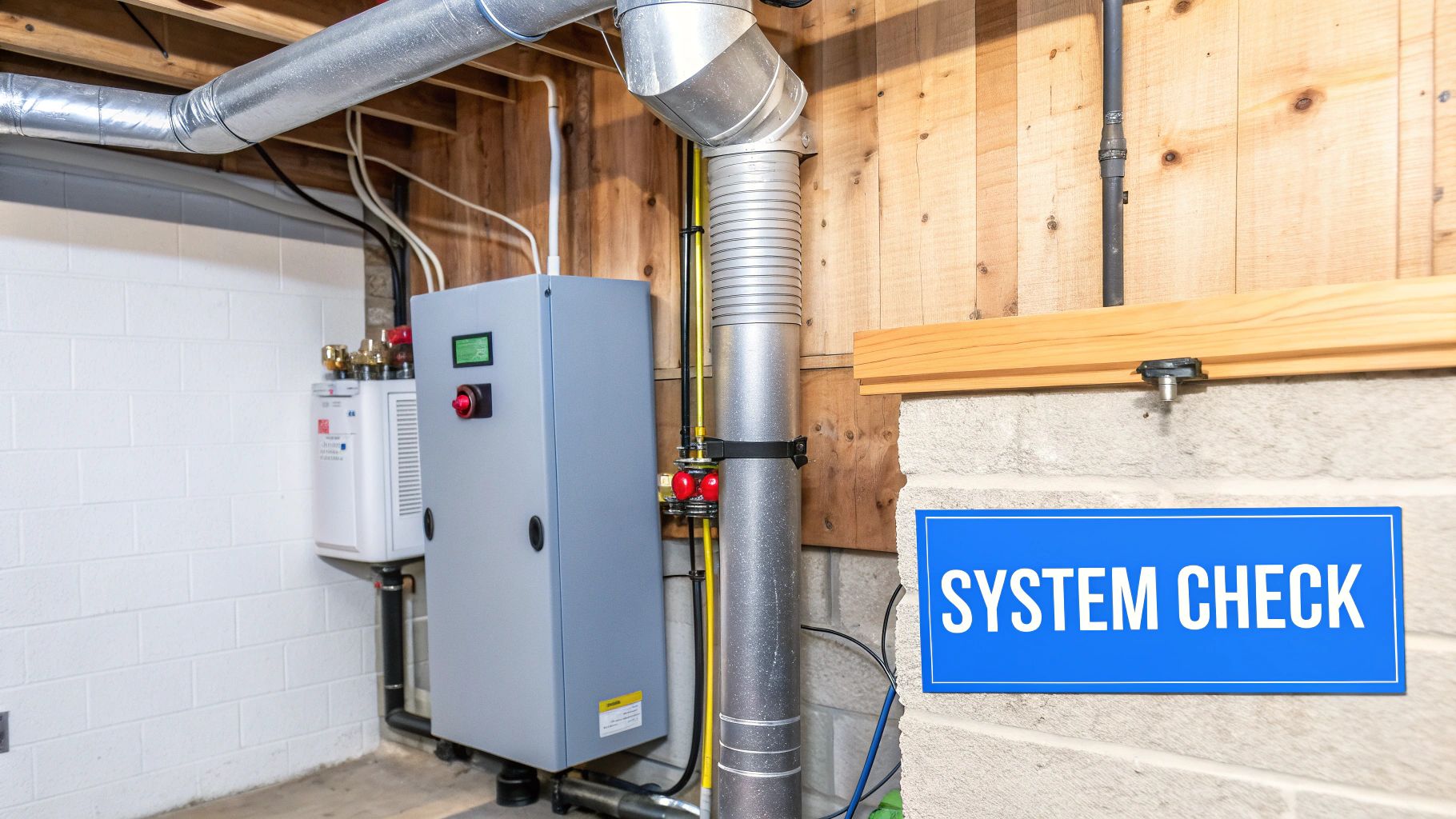 Residential basement utility room with mechanical systems, ductwork, and a blue "SYSTEM CHECK" sign.