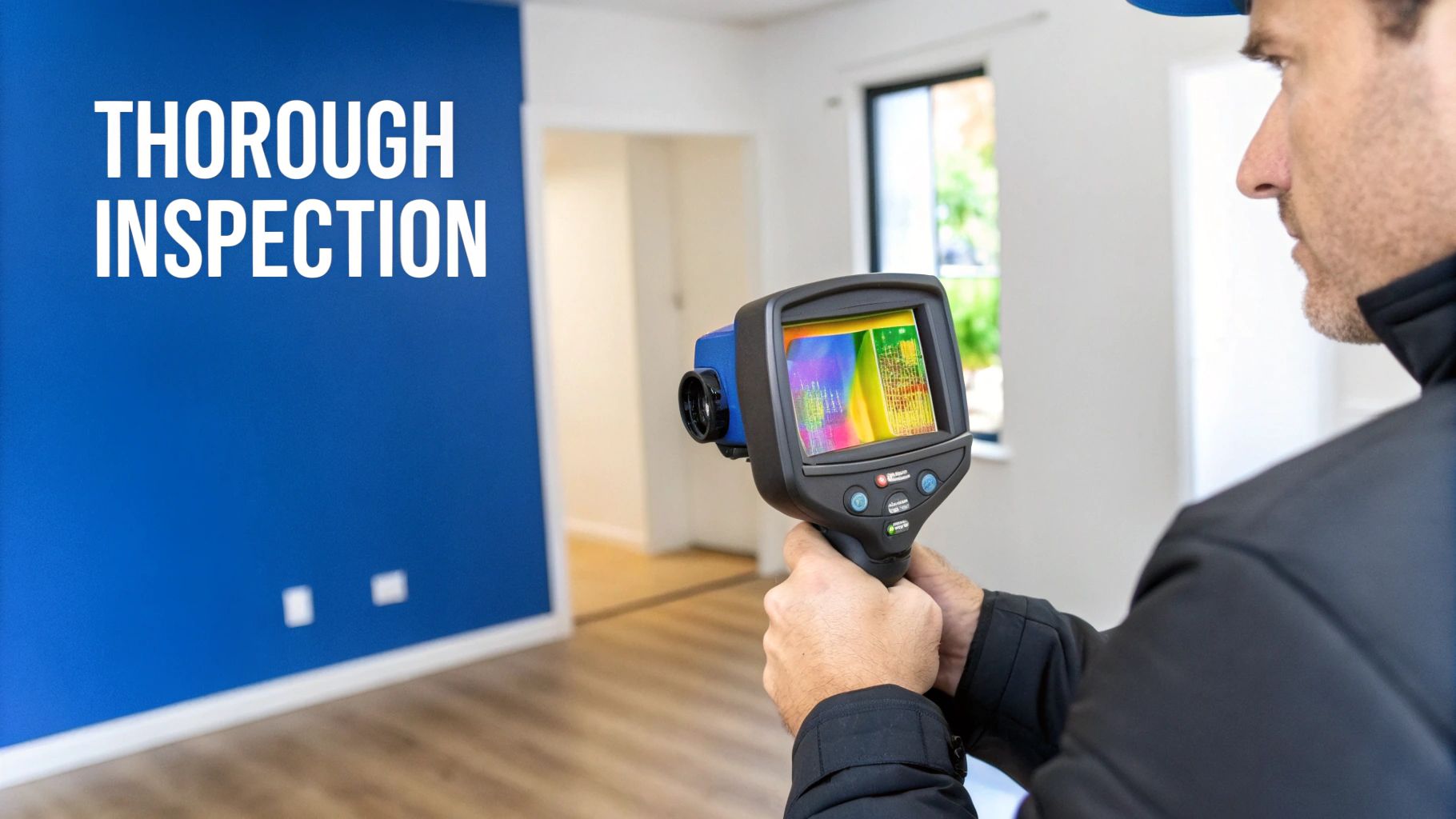 Professional inspector using thermal imaging camera to detect heat loss during thorough home inspection
