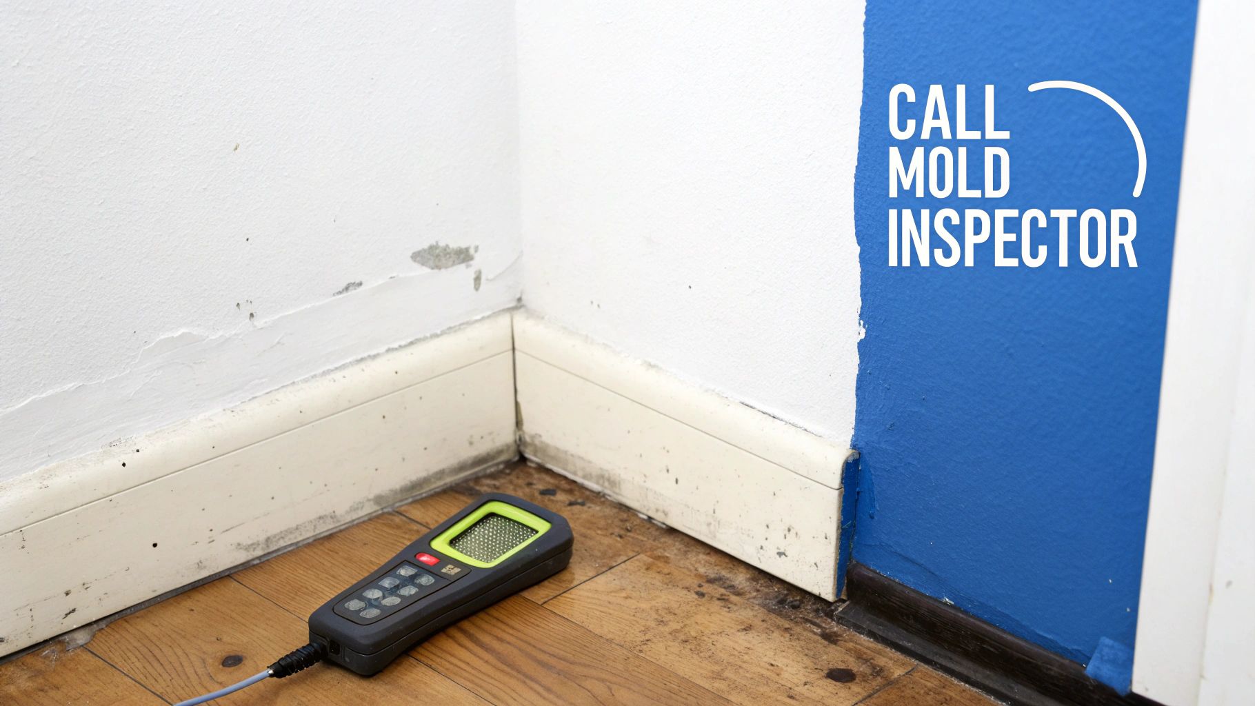 A moisture meter on a wooden floor next to a wall with peeling paint and water damage, advising to call a mold inspector.