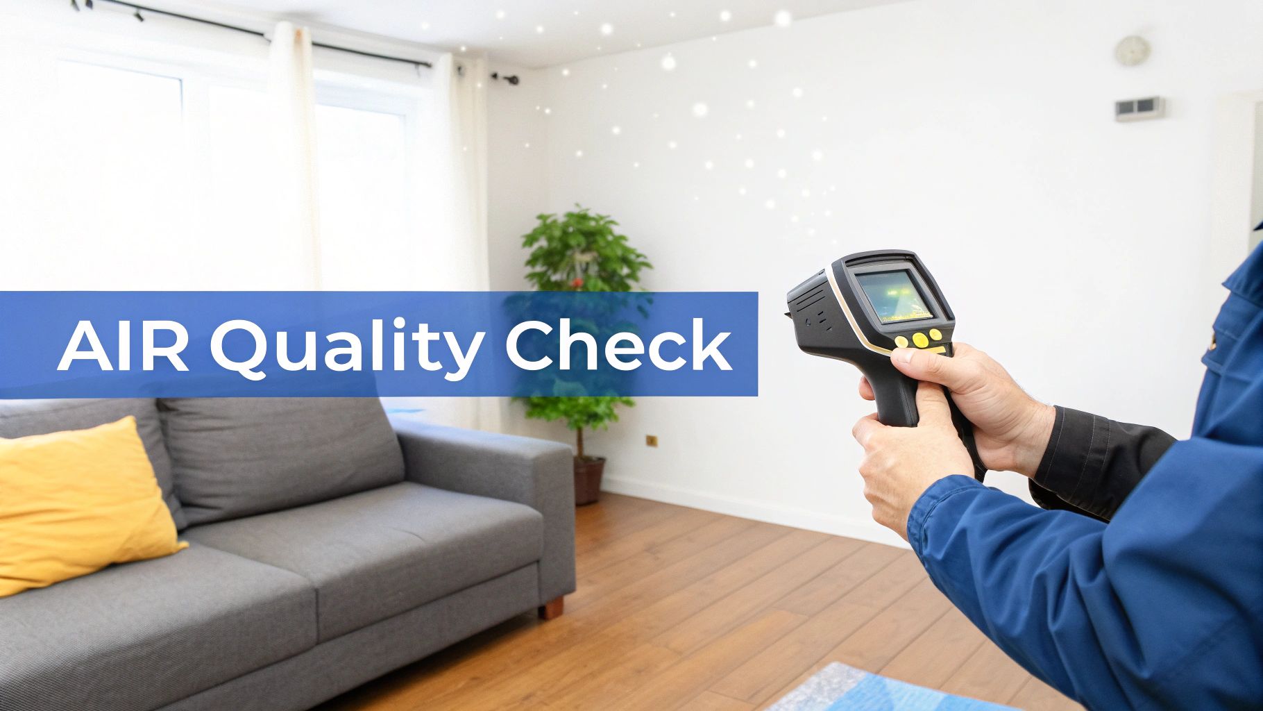 A technician uses a handheld air quality monitor in a living room with visible particles, performing an air quality check.