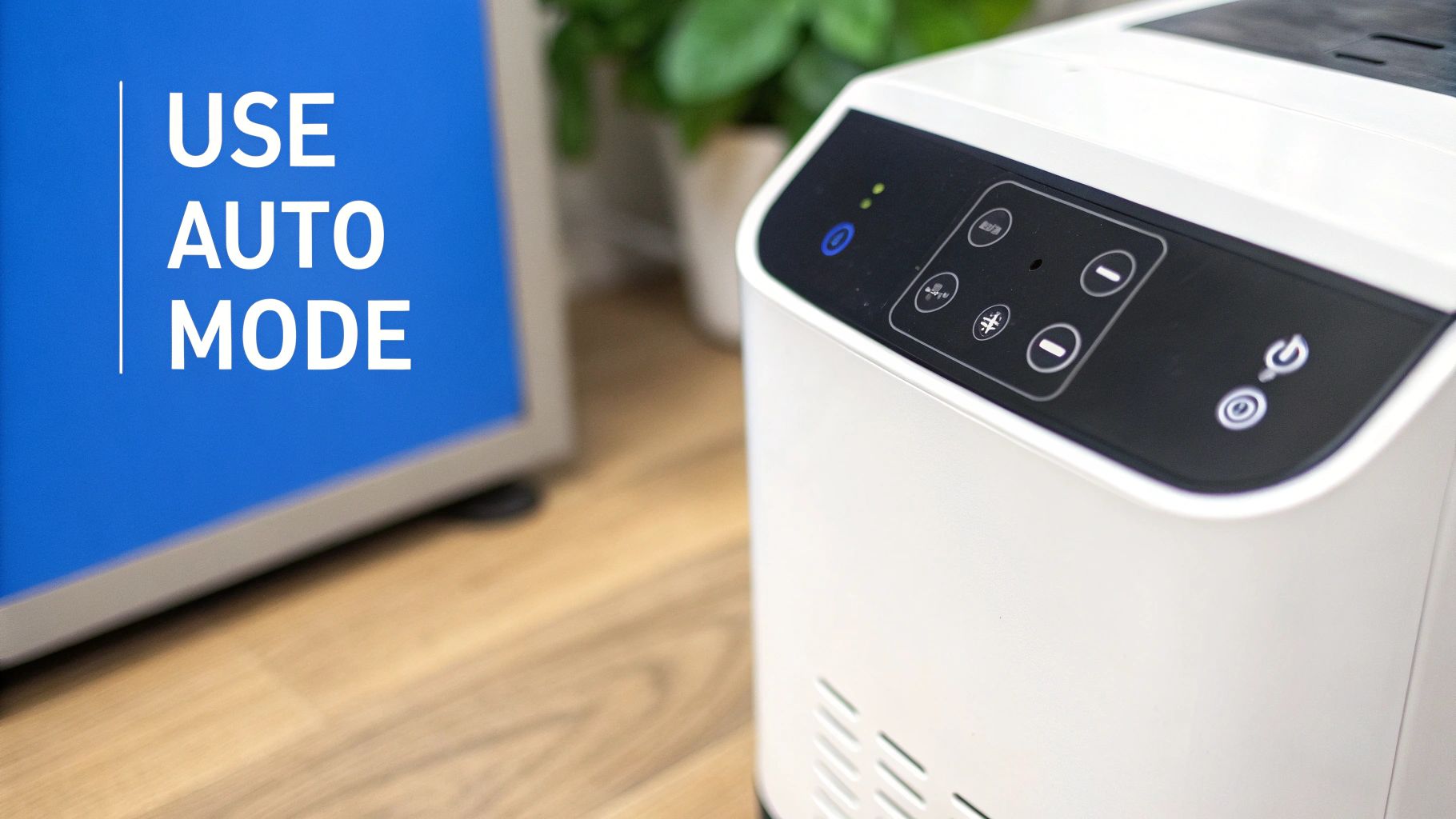 A white dehumidifier with a control panel next to a screen displaying 'USE AUTO MODE'.