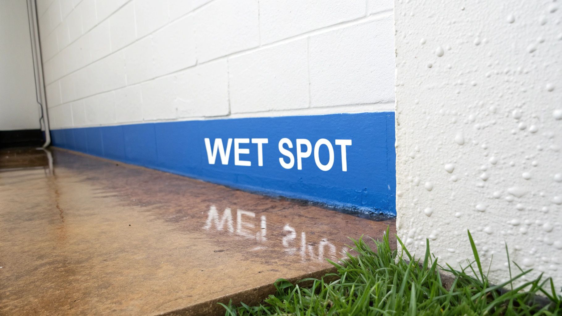 A white brick wall with a blue base strip painted 'WET SPOT' above a wet concrete floor.