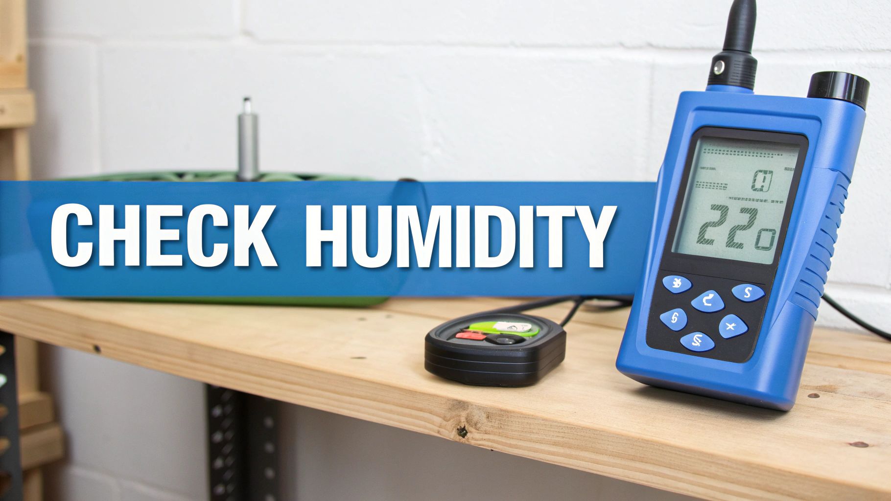 A homeowner holding a digital hygrometer to measure the humidity level in their living room.