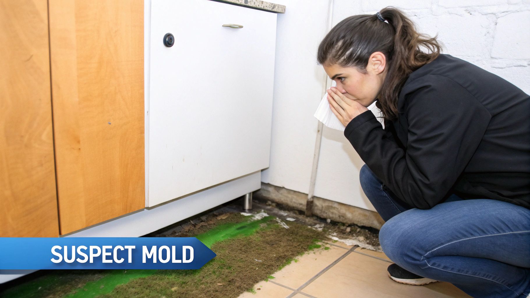 A corner of a room showing visible mold growth on the wall near the ceiling, indicating a moisture problem.