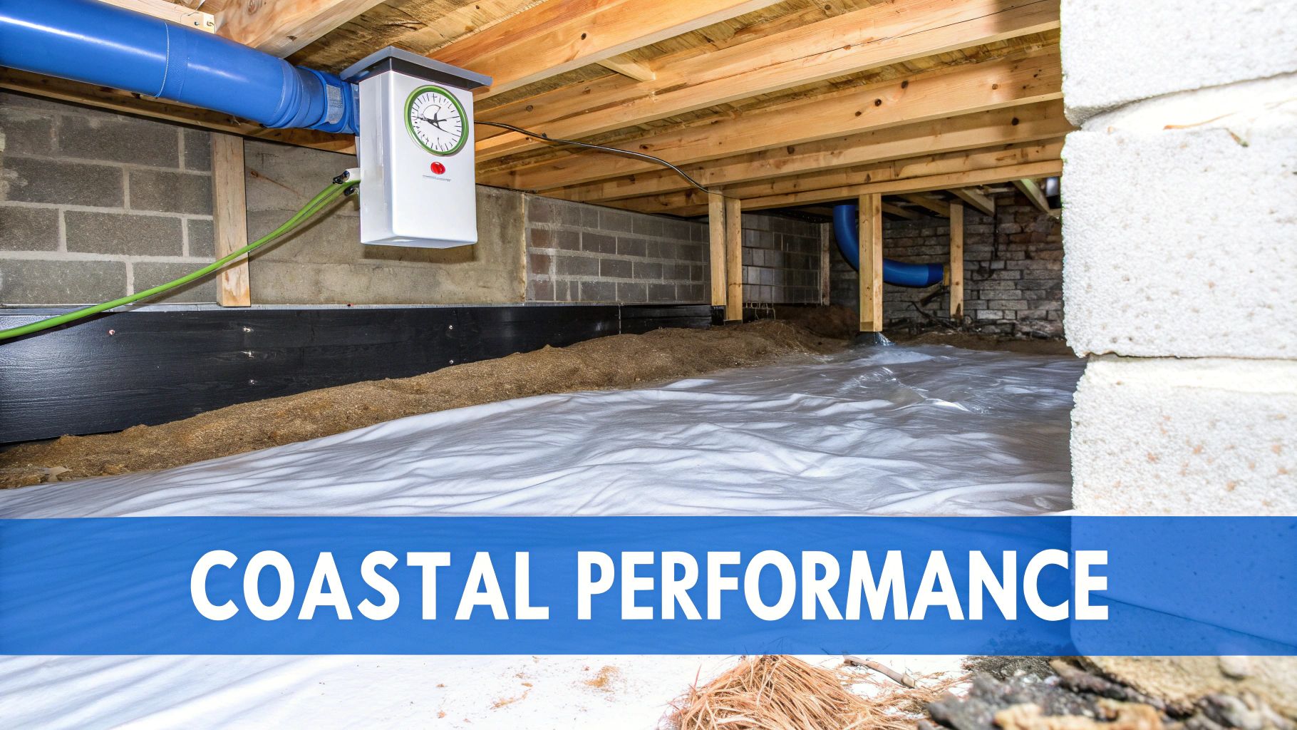 A clean, encapsulated crawl space featuring a white vapor barrier, wooden joists, and a ventilation unit.