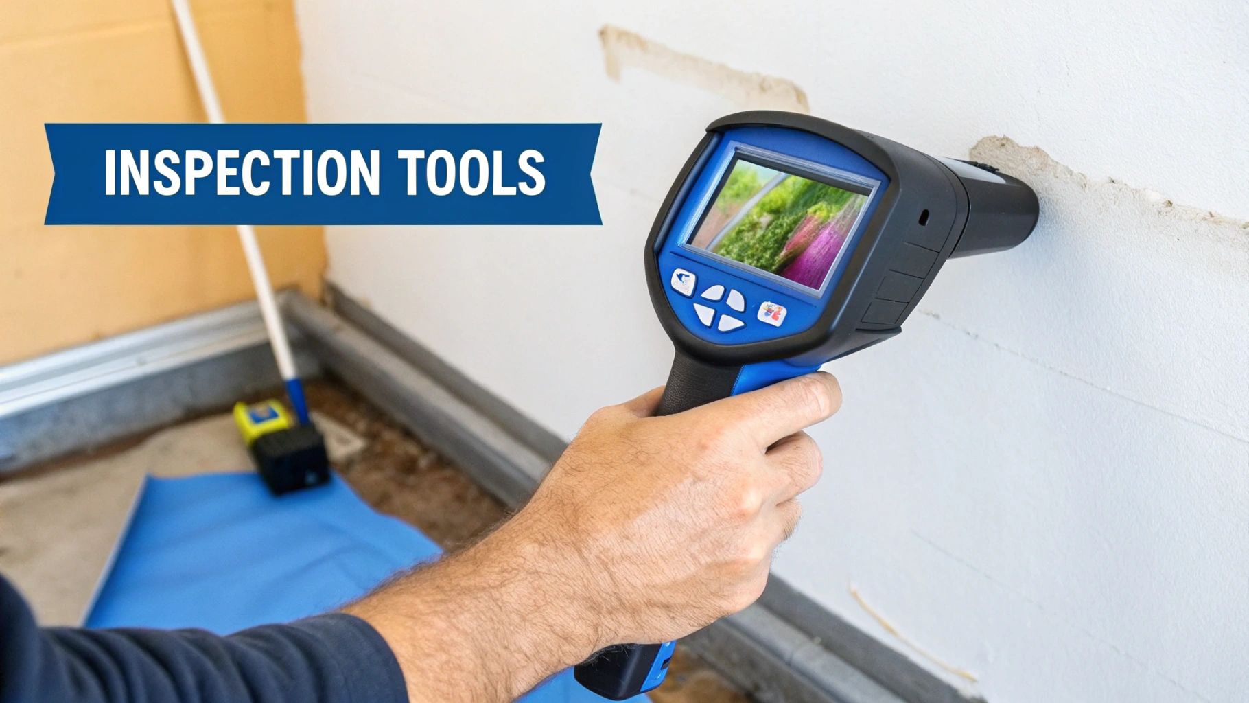 A certified mold inspector uses a thermal imaging camera to detect hidden moisture behind a wall.