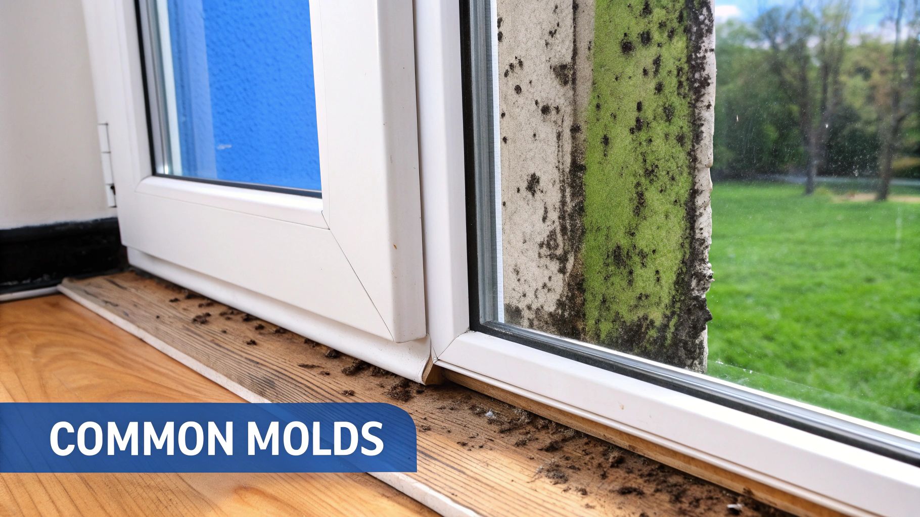Close-up of mold growth on a window sill and outside concrete wall, showing common types.