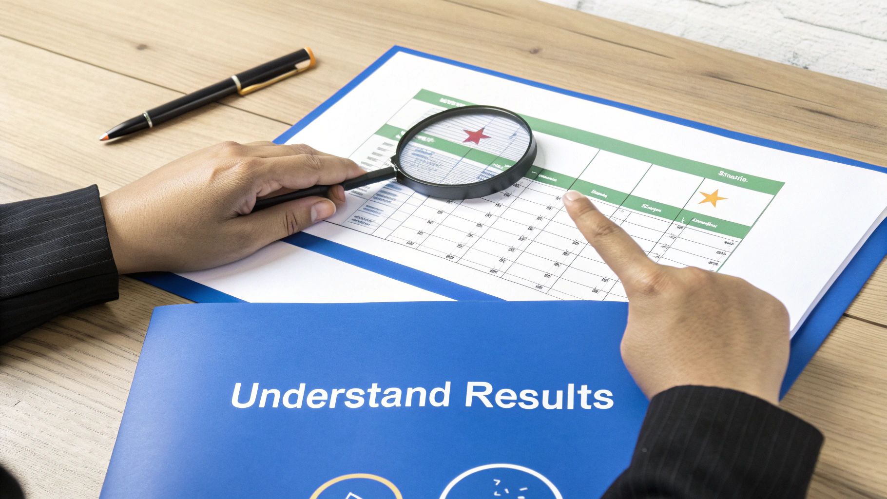Hands reviewing a data sheet with a magnifying glass, pointing at numbers, next to a 'Understand Results' folder.