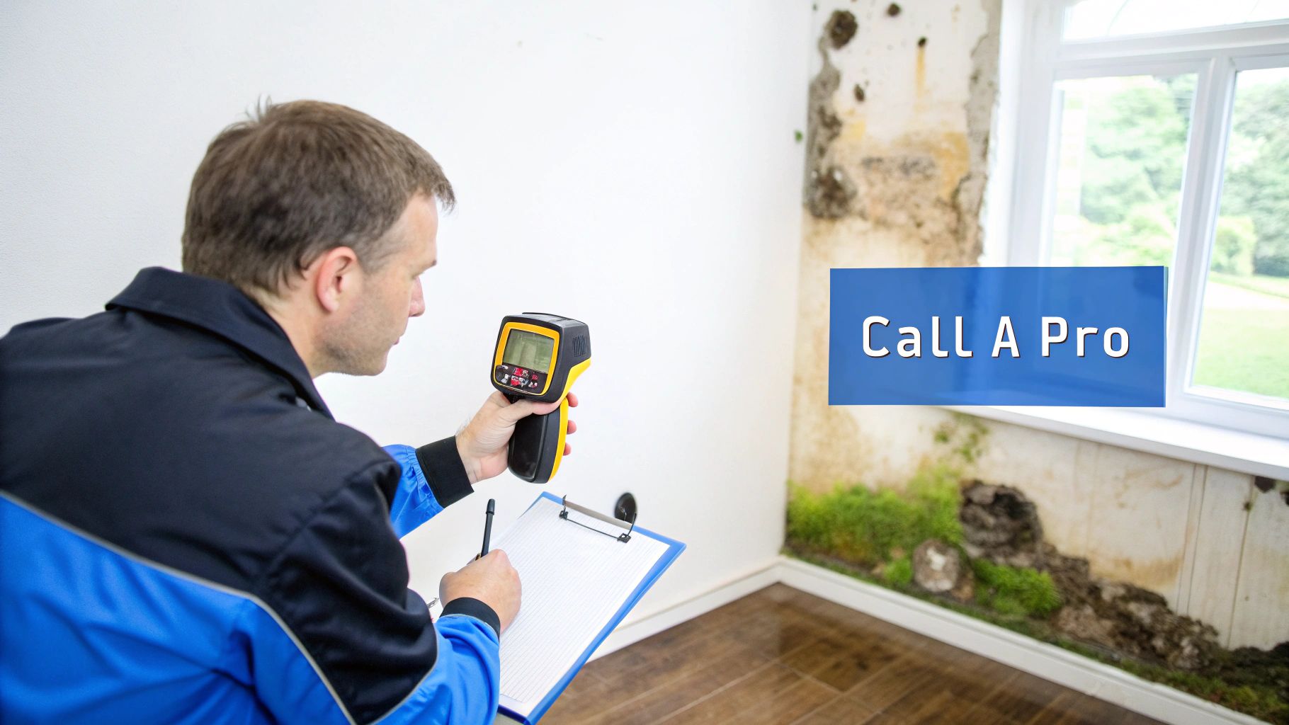 A professional inspects a severely mold-infested wall with a moisture meter and clipboard, highlighting the need to 'Call A Pro'.