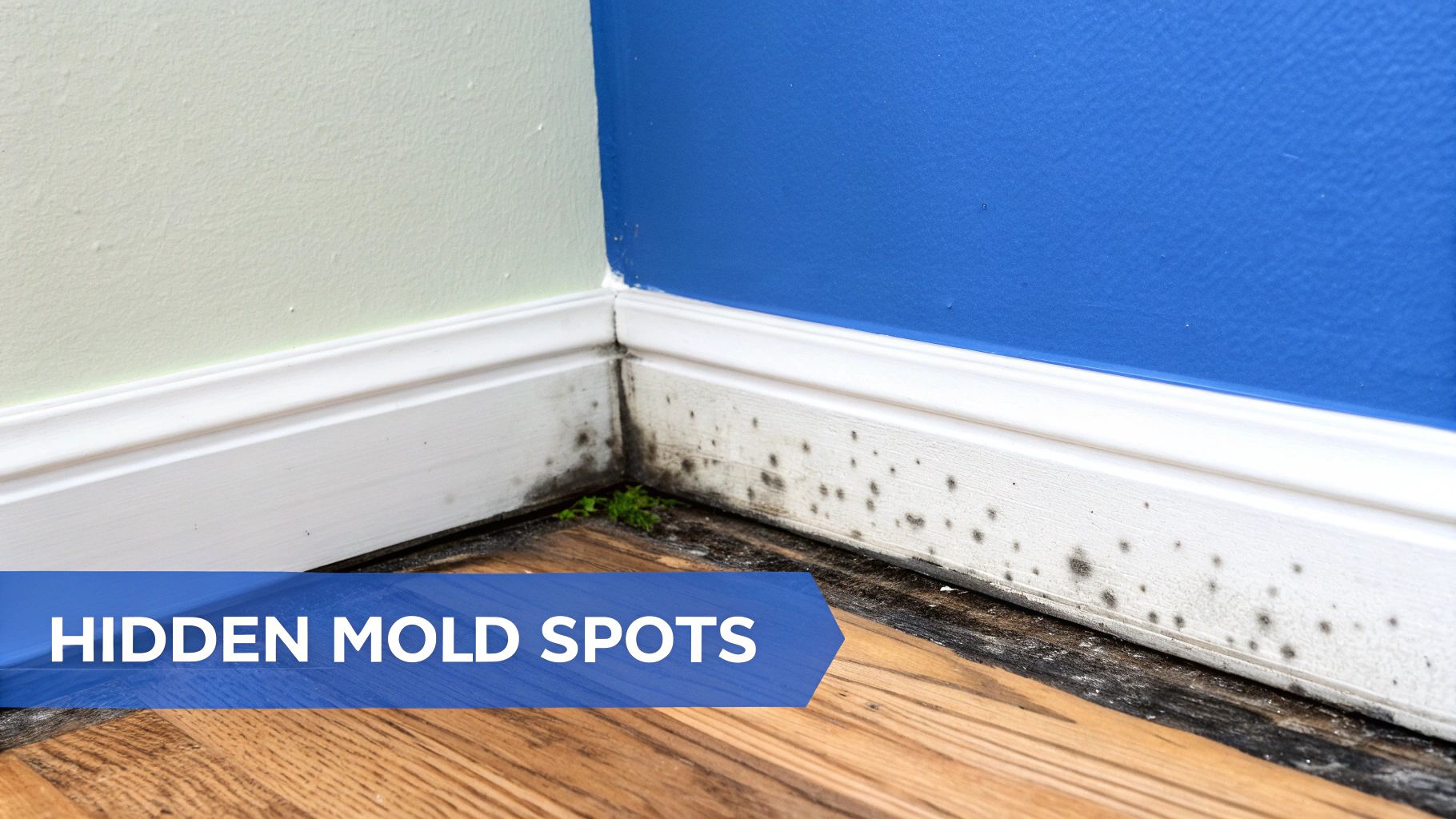 A close-up view of mold growing behind wallpaper that has peeled away from a damp wall.