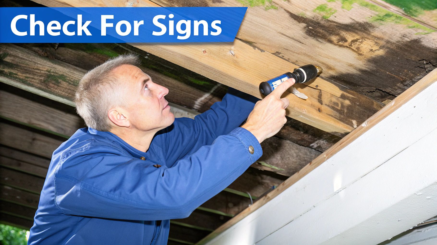 Man inspecting a wooden ceiling with a tool, checking for signs of mold or damage.