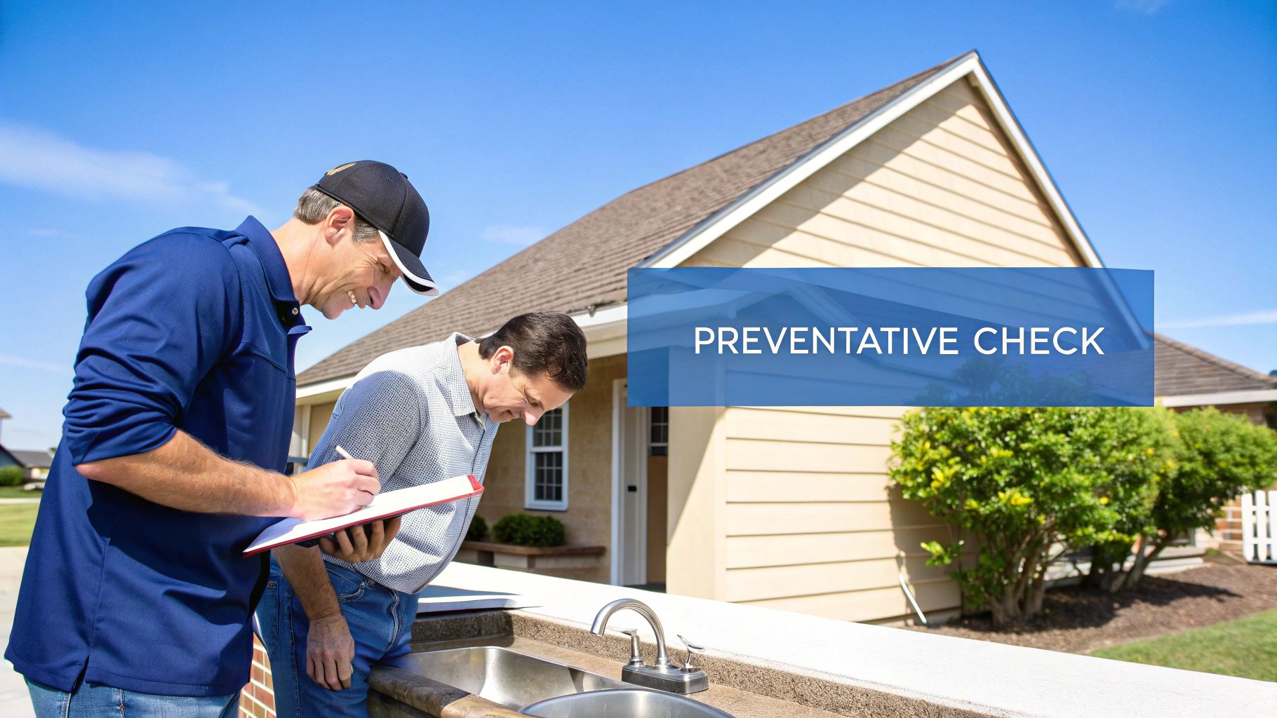 Two men conduct a preventative home inspection, examining an outdoor sink area with a checklist.