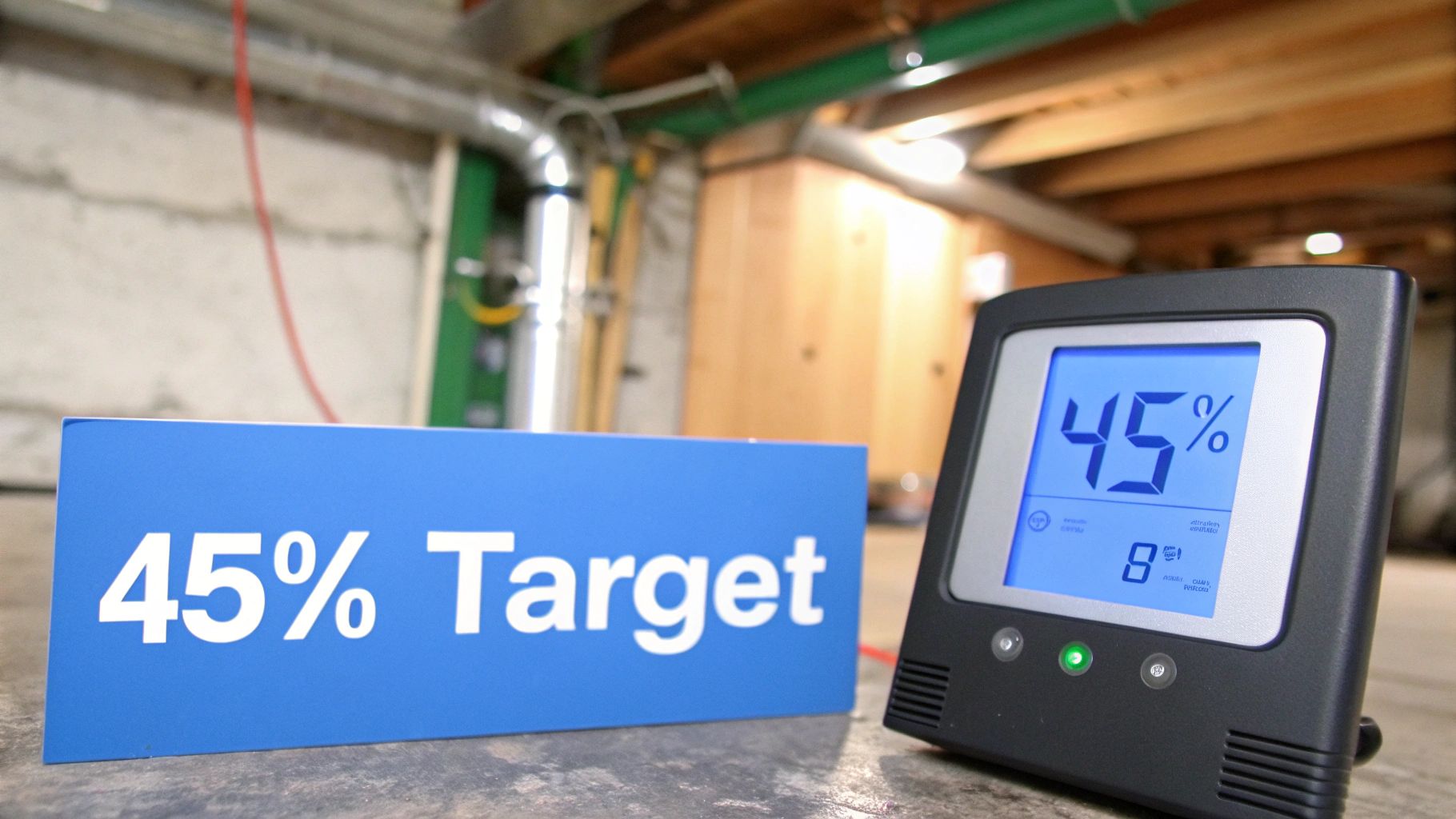 A digital hygrometer displays 45% humidity next to a '45% Target' sign in a basement.