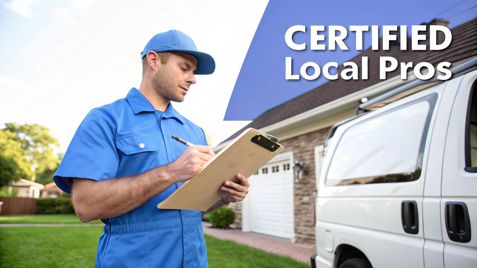 A certified local professional in a blue uniform writes on a clipboard next to a service van.