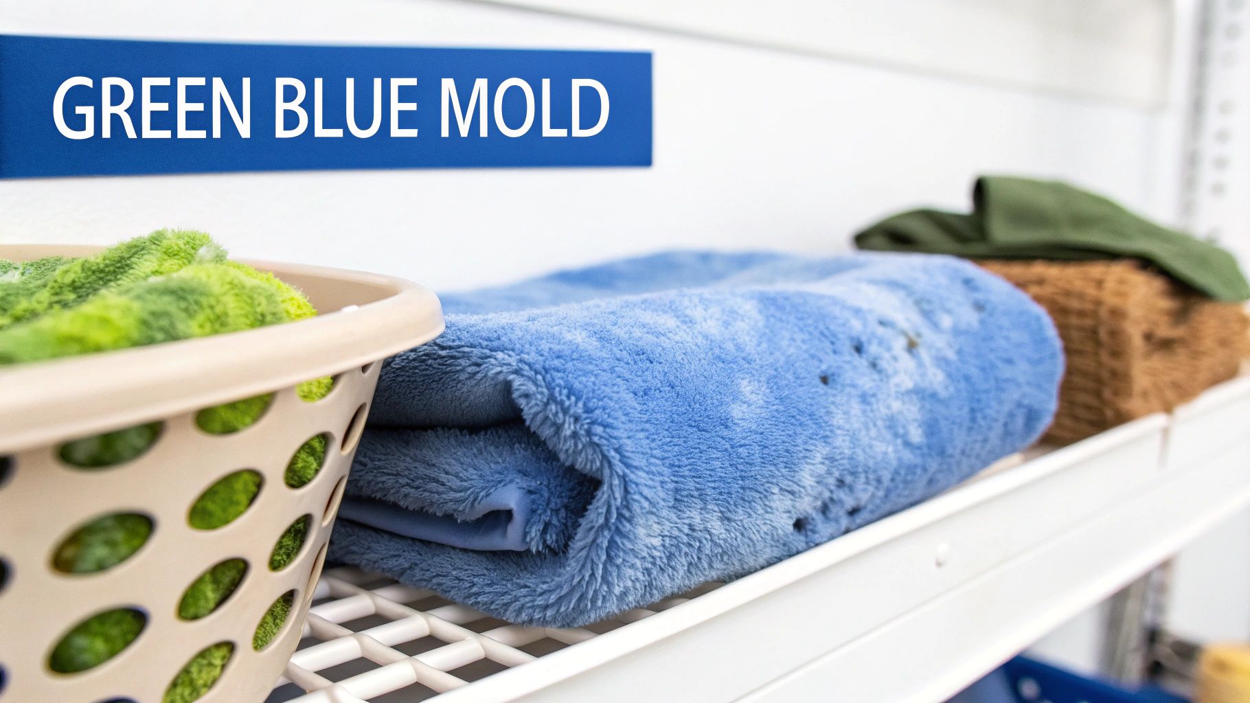 A blue sign with 'GREEN BLUE MOLD' text, a laundry basket, and a spotted blue towel on a shelf.