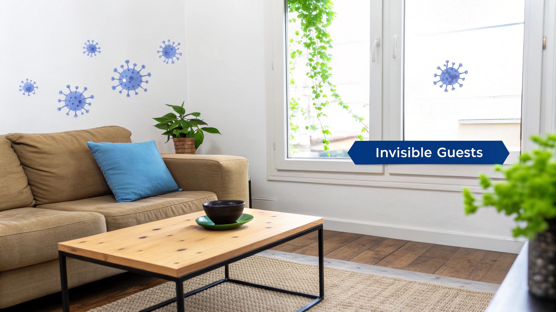 A cozy living room with blue virus illustrations on walls and a window, featuring a sofa and coffee table.