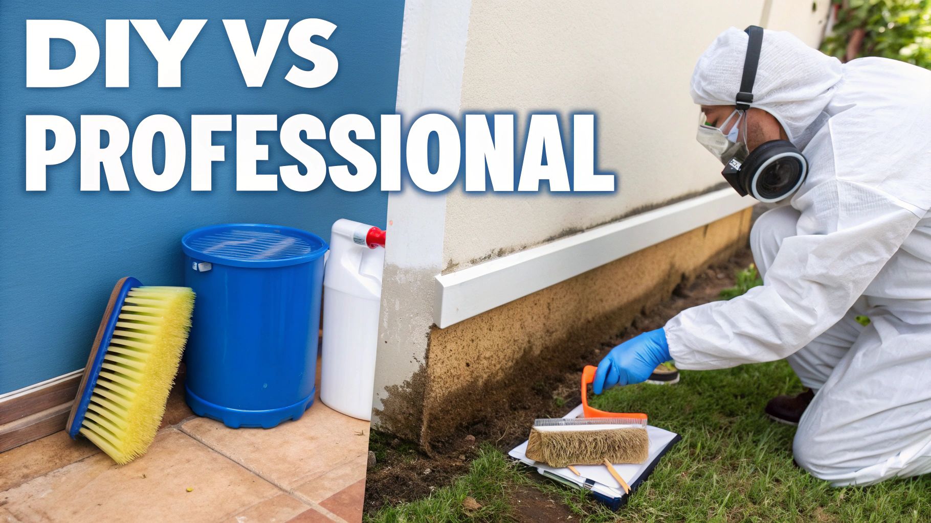 A professional in full protective gear using specialized equipment to treat a mold-infested wall.