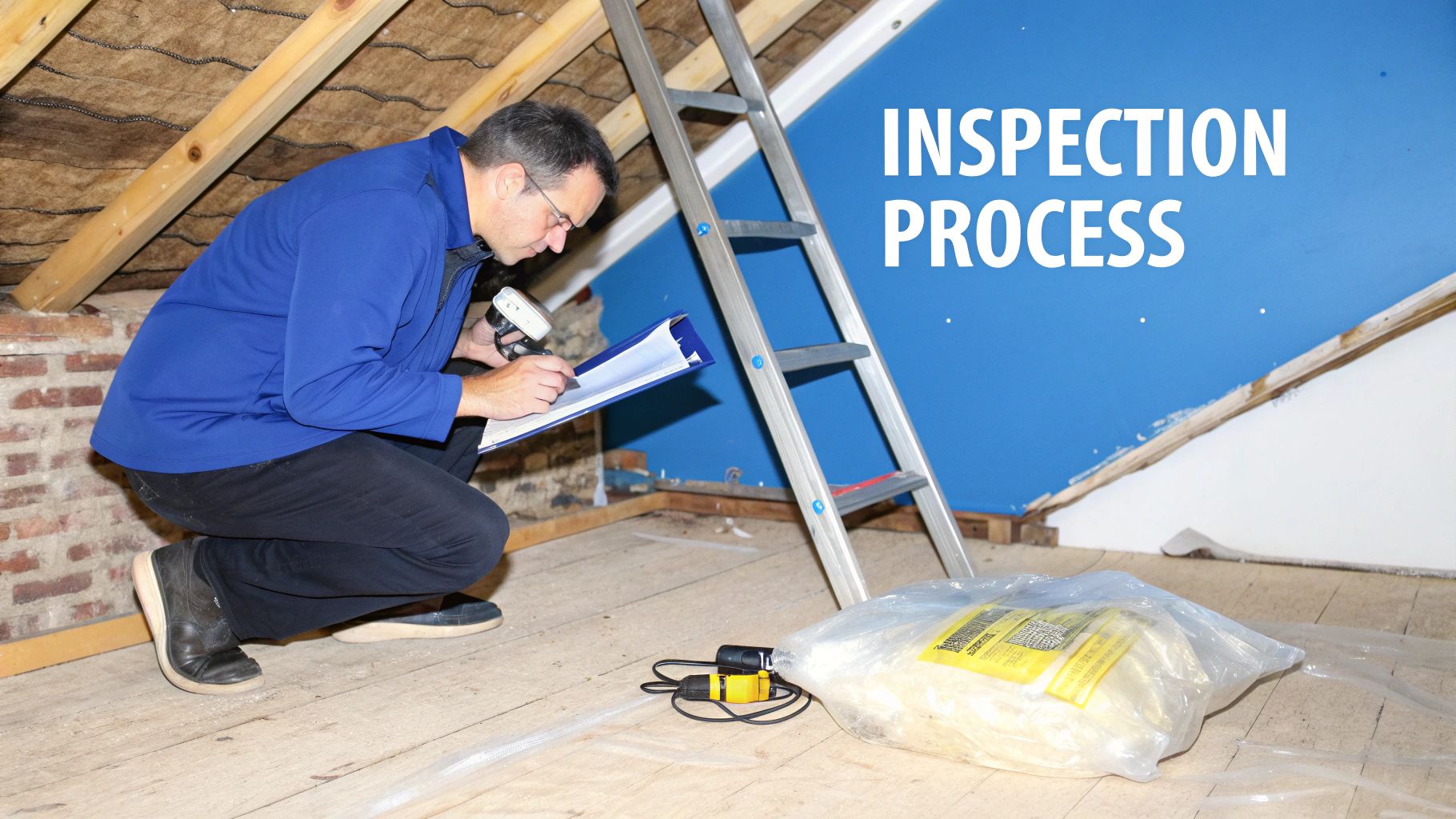 A man inspects an attic, holding a flashlight and binder, with a ladder and insulation visible.