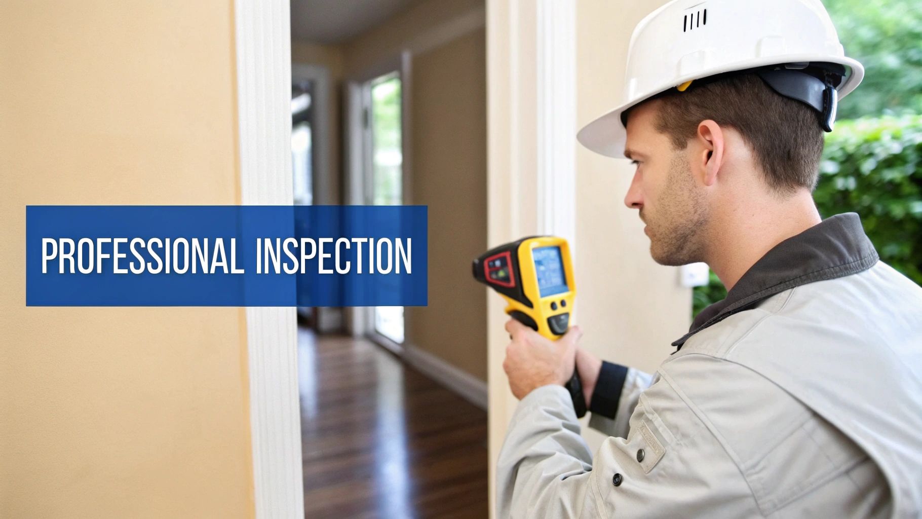 A professional inspector in a hard hat uses a thermal camera for indoor air quality testing.