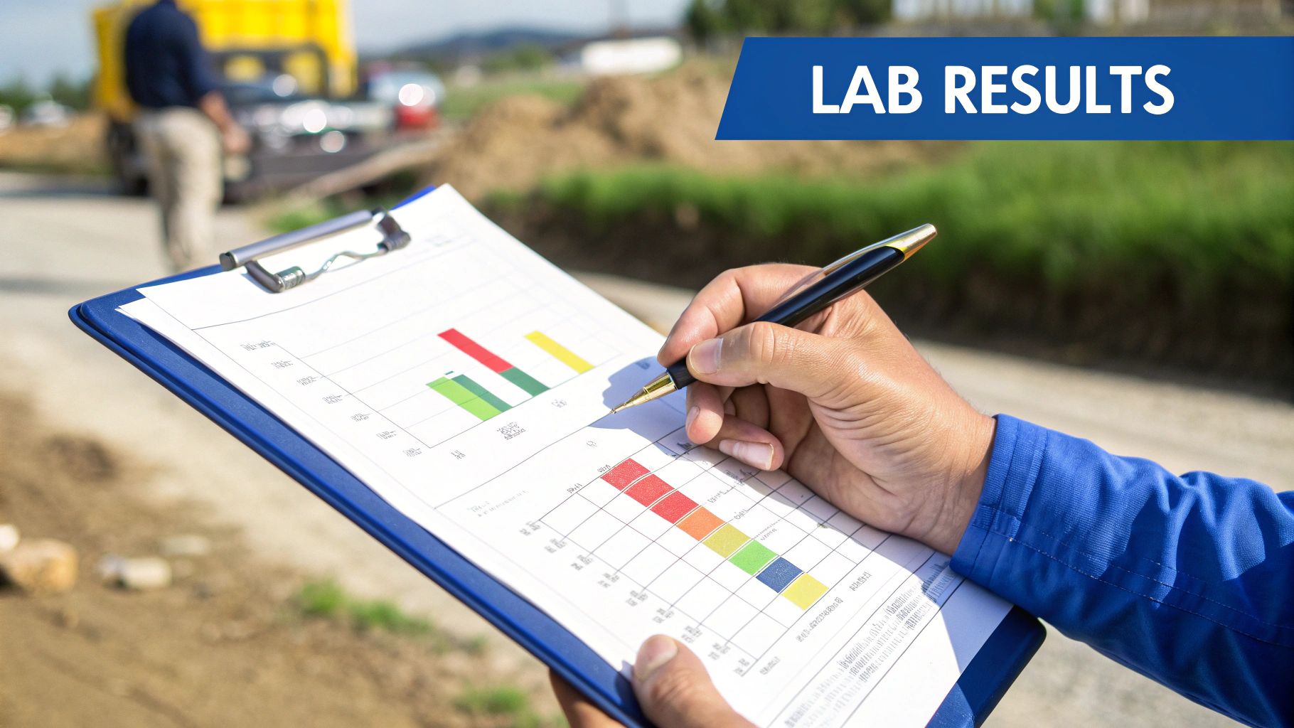 Construction worker reviewing colorful lab test results chart on clipboard at outdoor job site