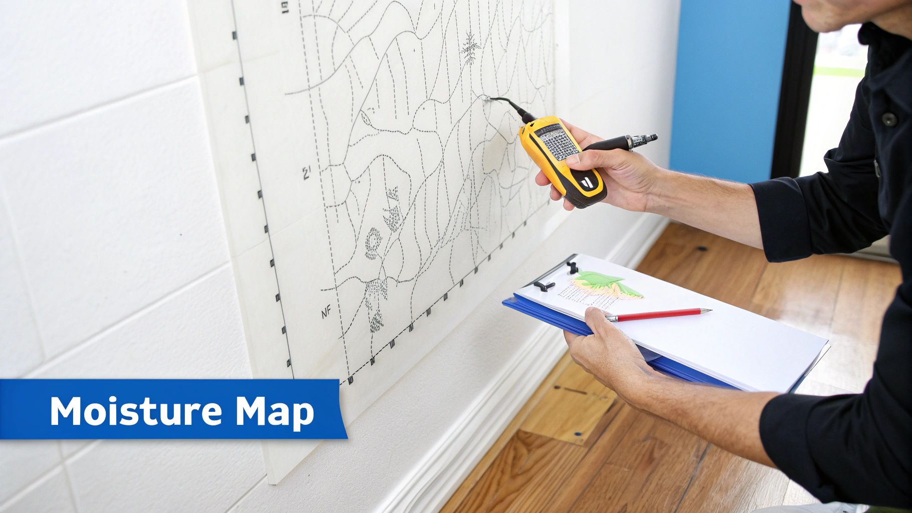 A person uses a yellow moisture meter to check a wall with a moisture map, holding a clipboard.
