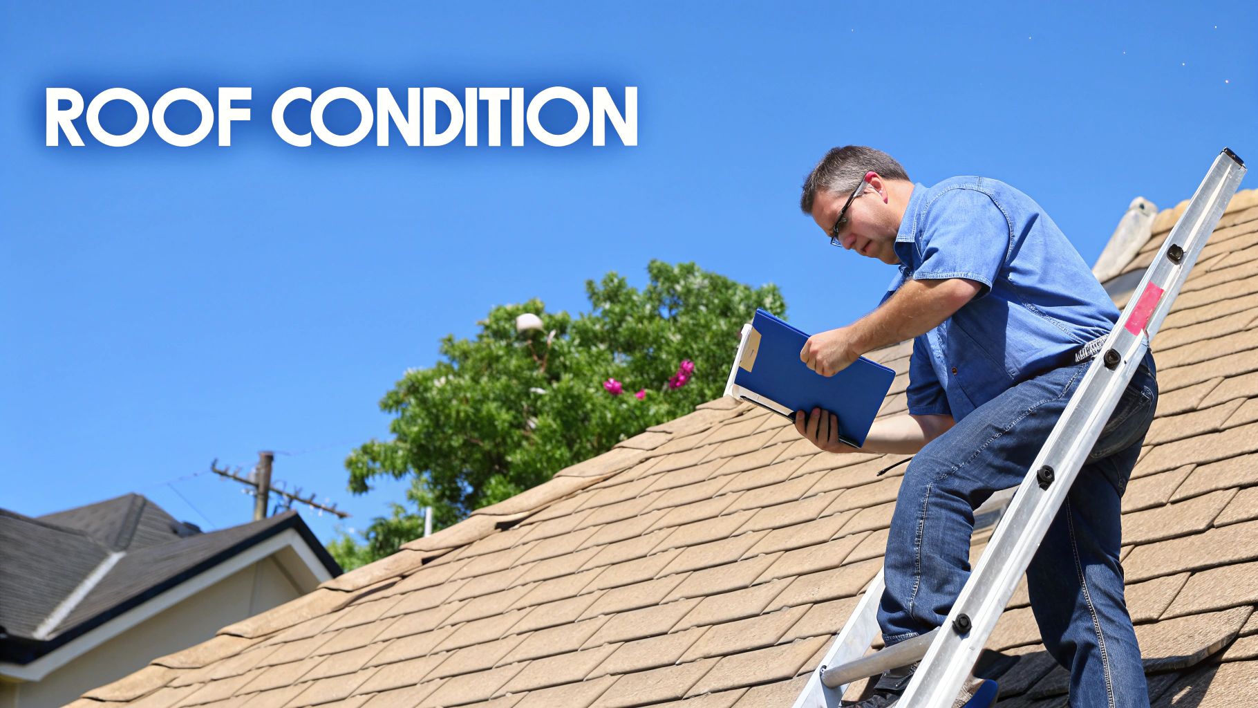 A professional home inspector on a ladder carefully examines a residential shingle roof.