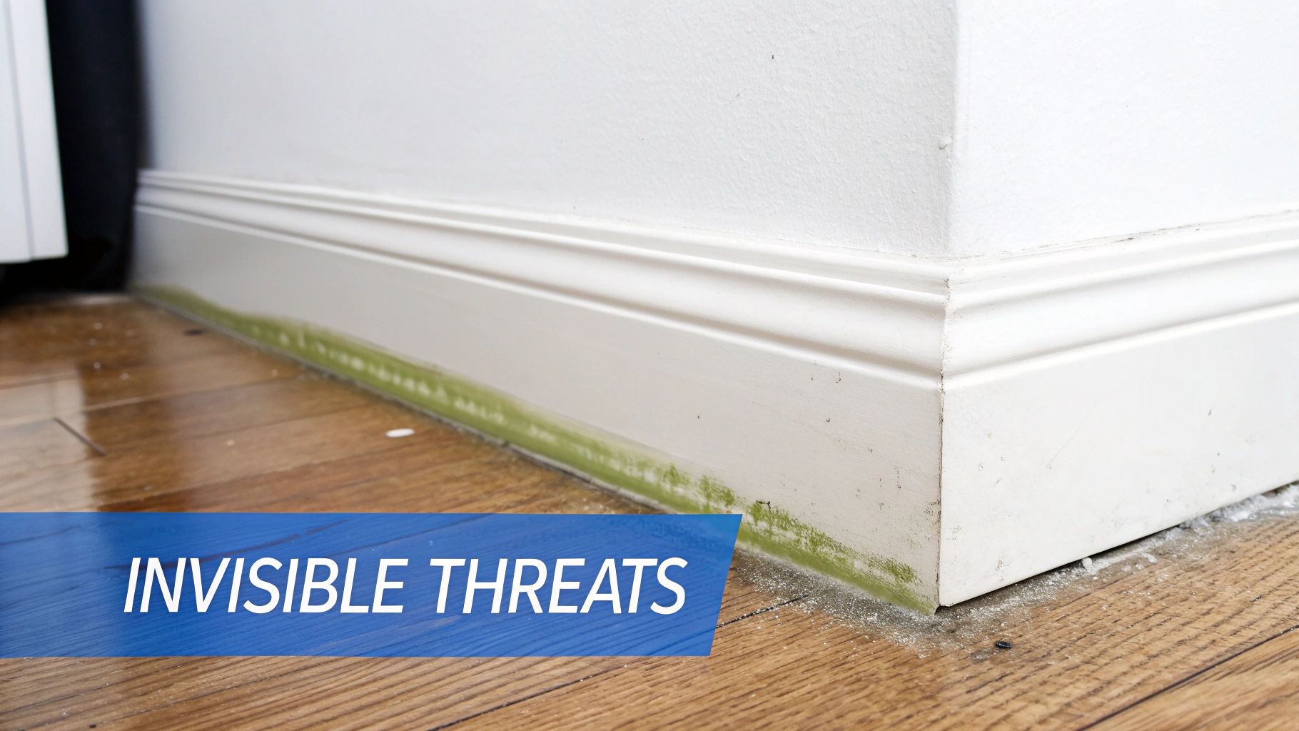 Green mold growing along white baseboard at floor level, indicating moisture and indoor environmental issues.