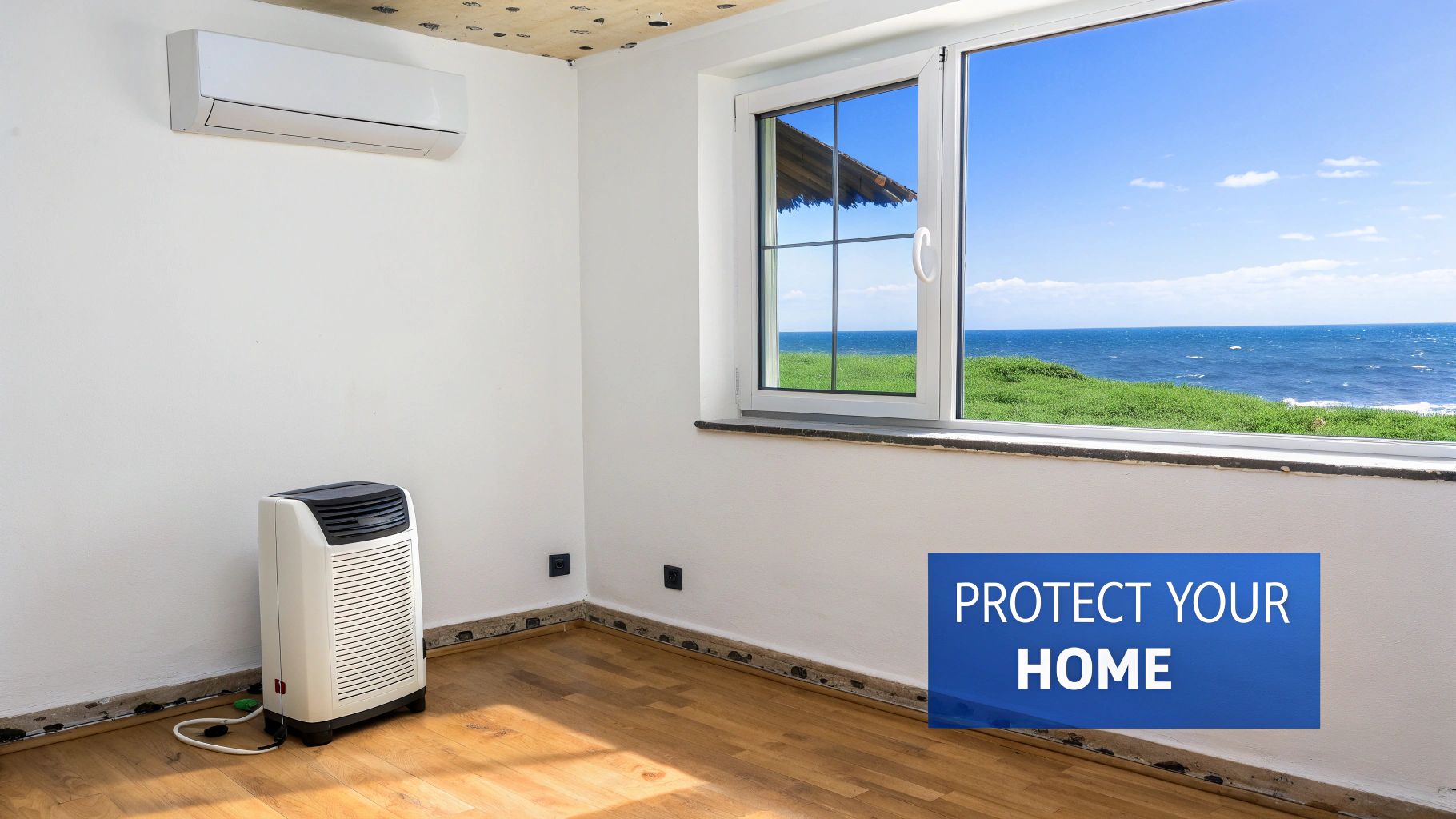 An empty room with a window overlooking the ocean, an air conditioner, and a portable heater, with 'PROTECT YOUR HOME' text.