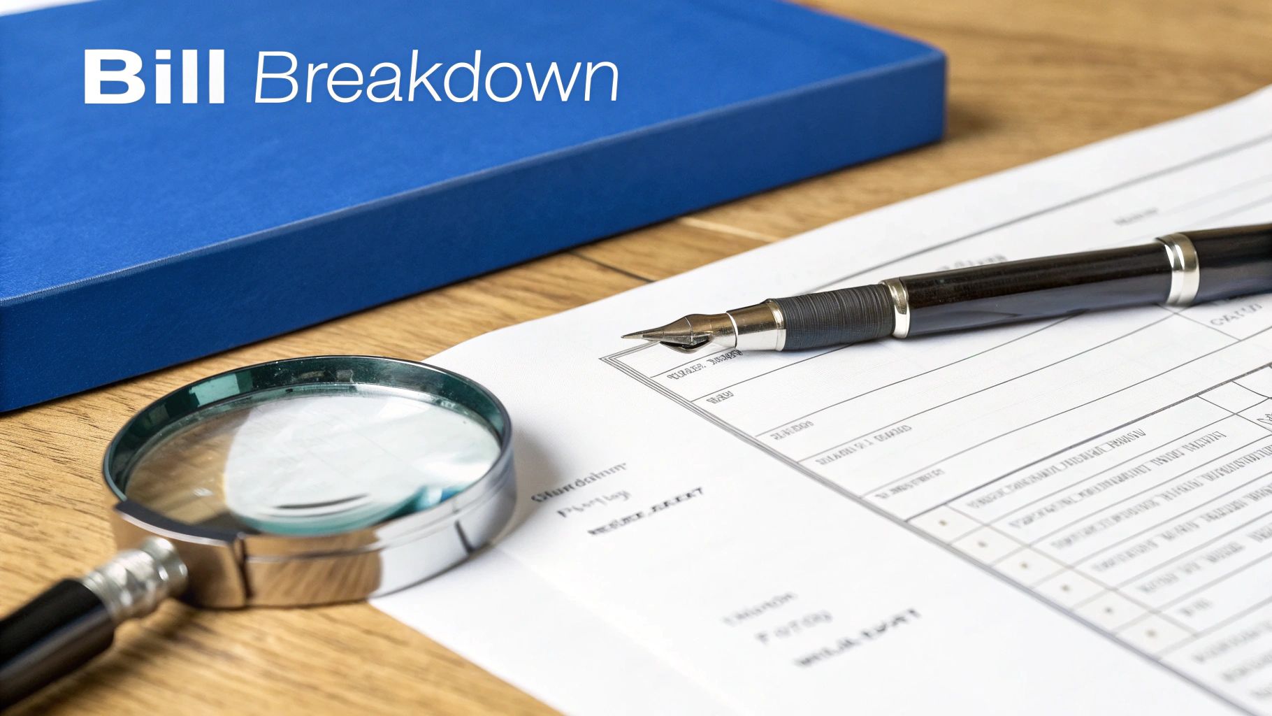 Bill breakdown document with magnifying glass and fountain pen on wooden desk
