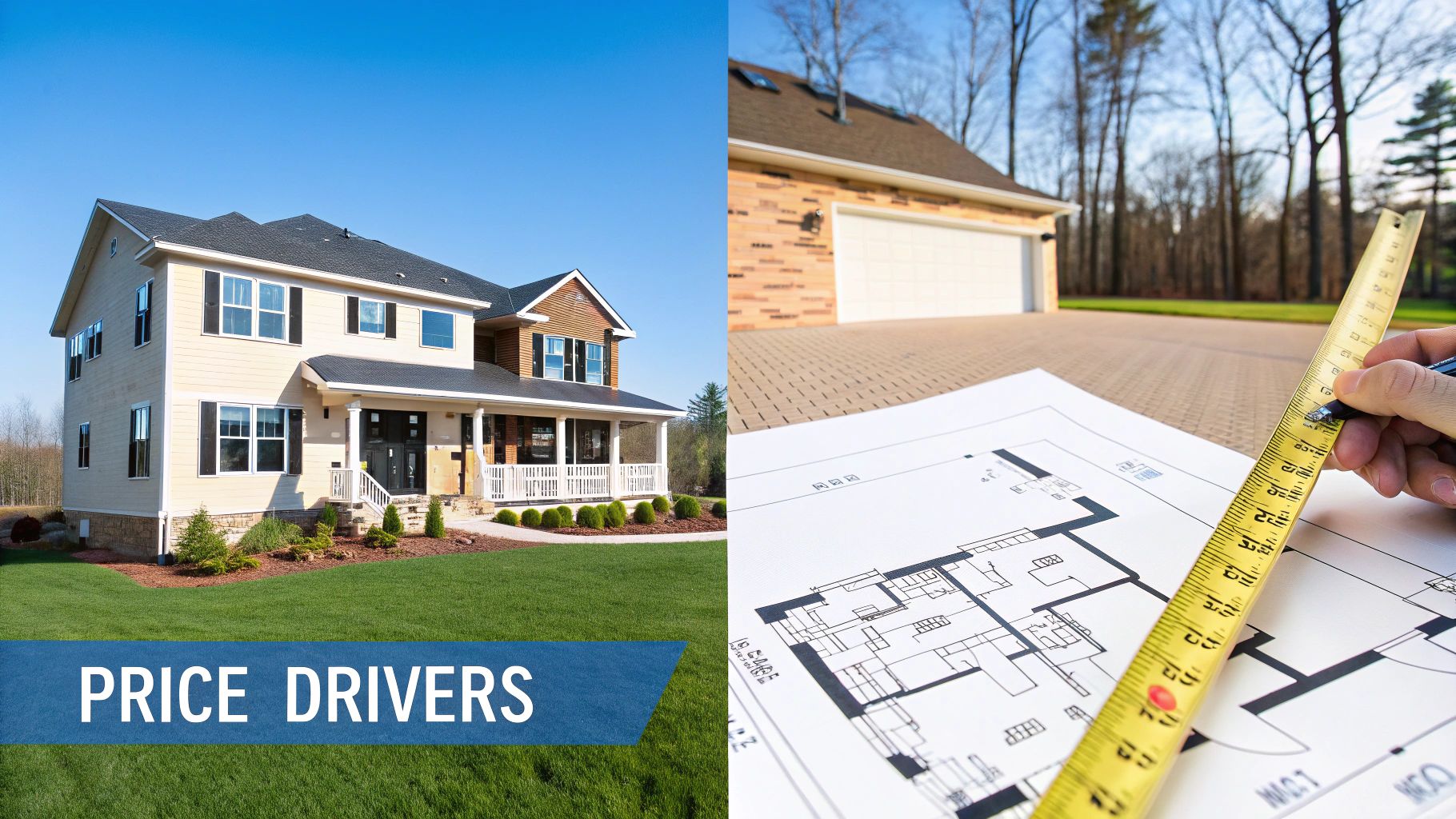 Split image of a modern house on a green lawn and a hand measuring a home blueprint, related to price drivers.