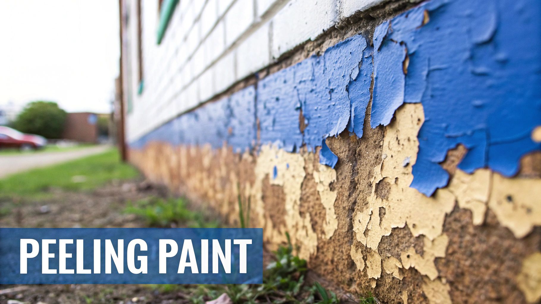 Close-up of a building's foundation with blue and yellow paint peeling, showing damage and exposed surface.