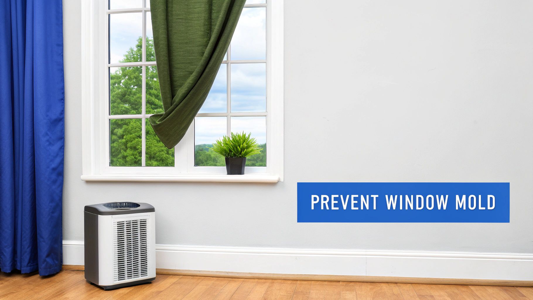 A room with a window, curtains, a plant, and an air purifier to prevent mold.