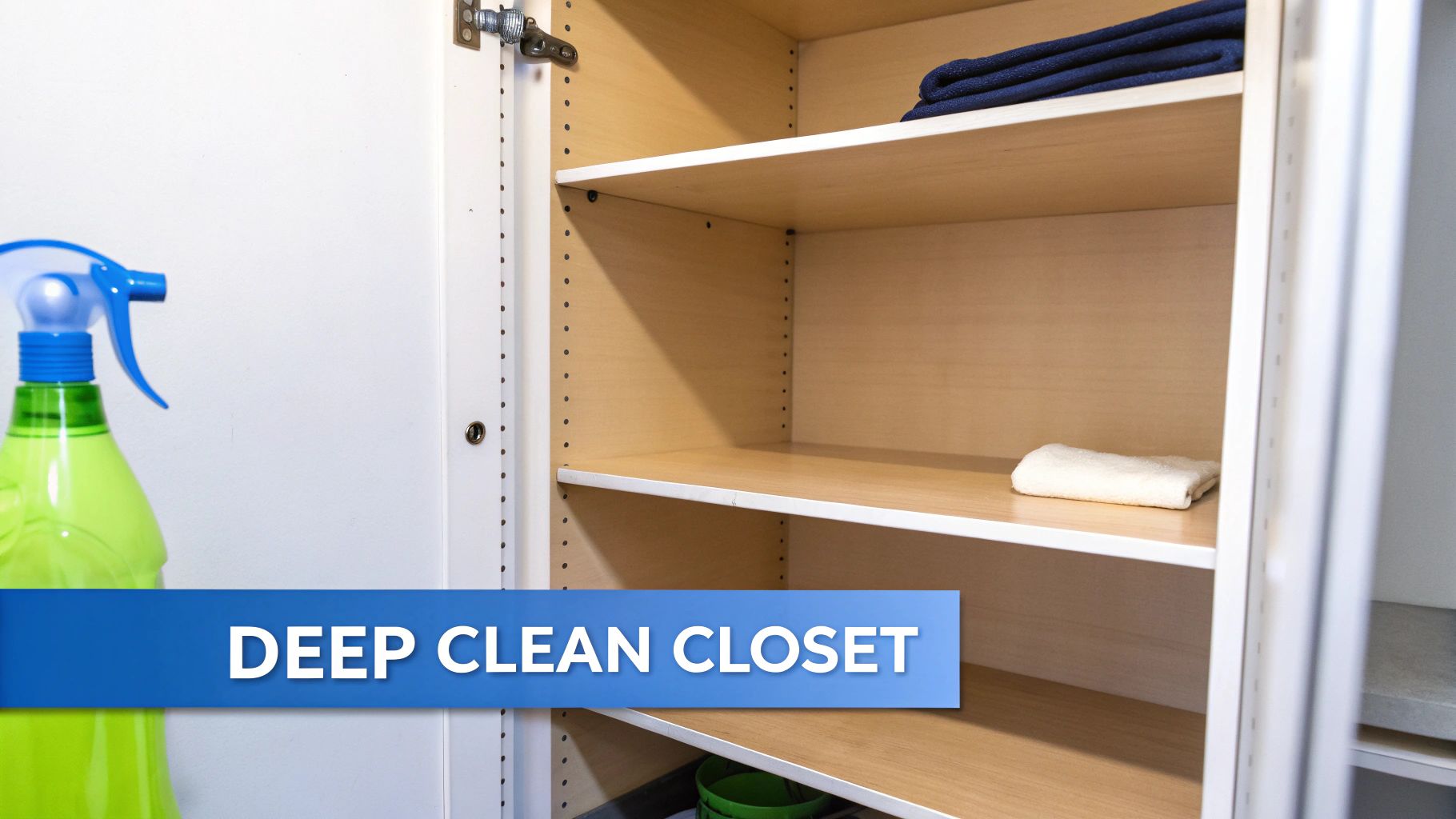 A closet with wooden shelves being deep cleaned, featuring a spray bottle and neatly folded towels.