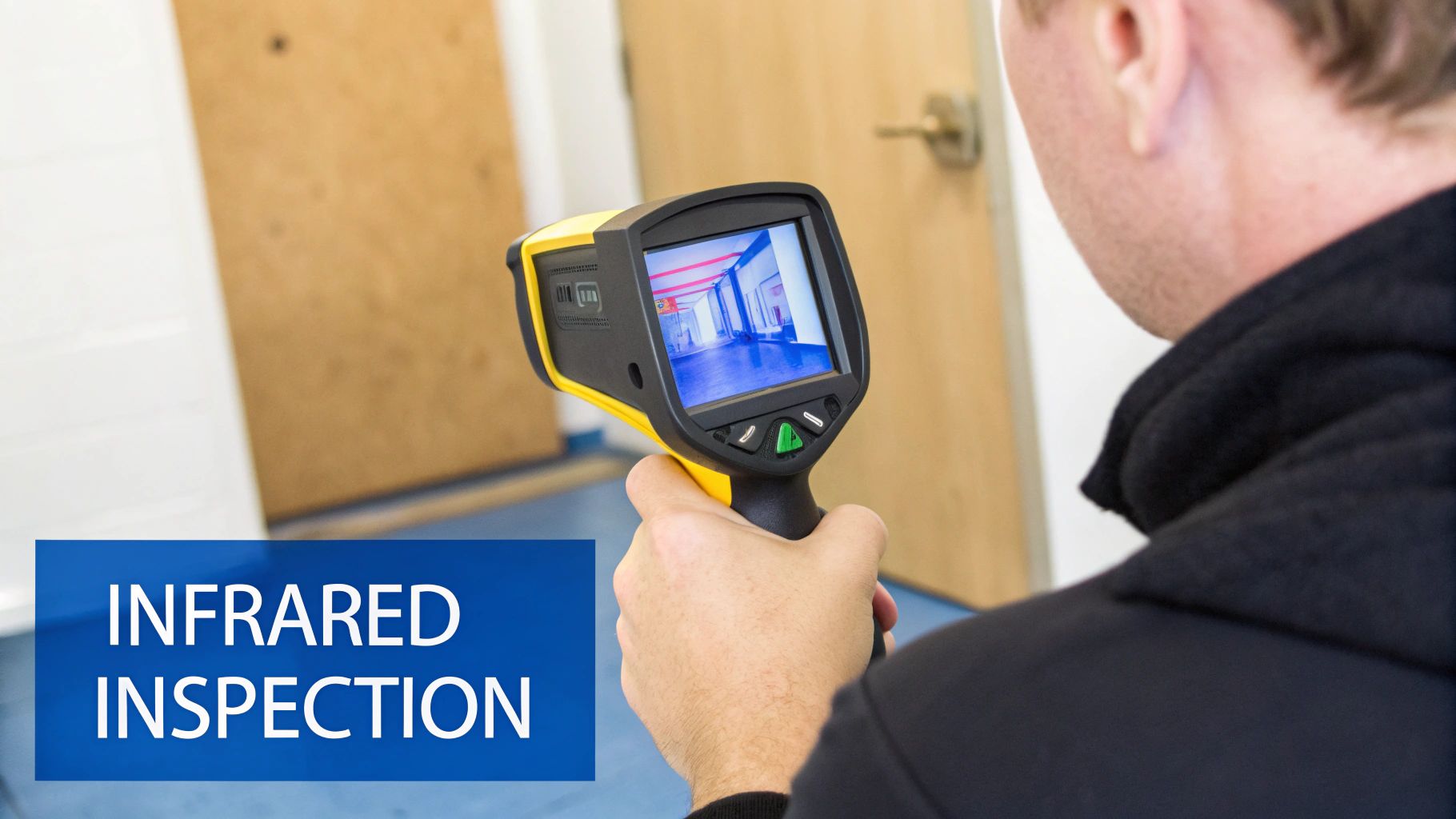 A person uses a thermal imaging camera to inspect a building's interior, screen showing a thermal view.