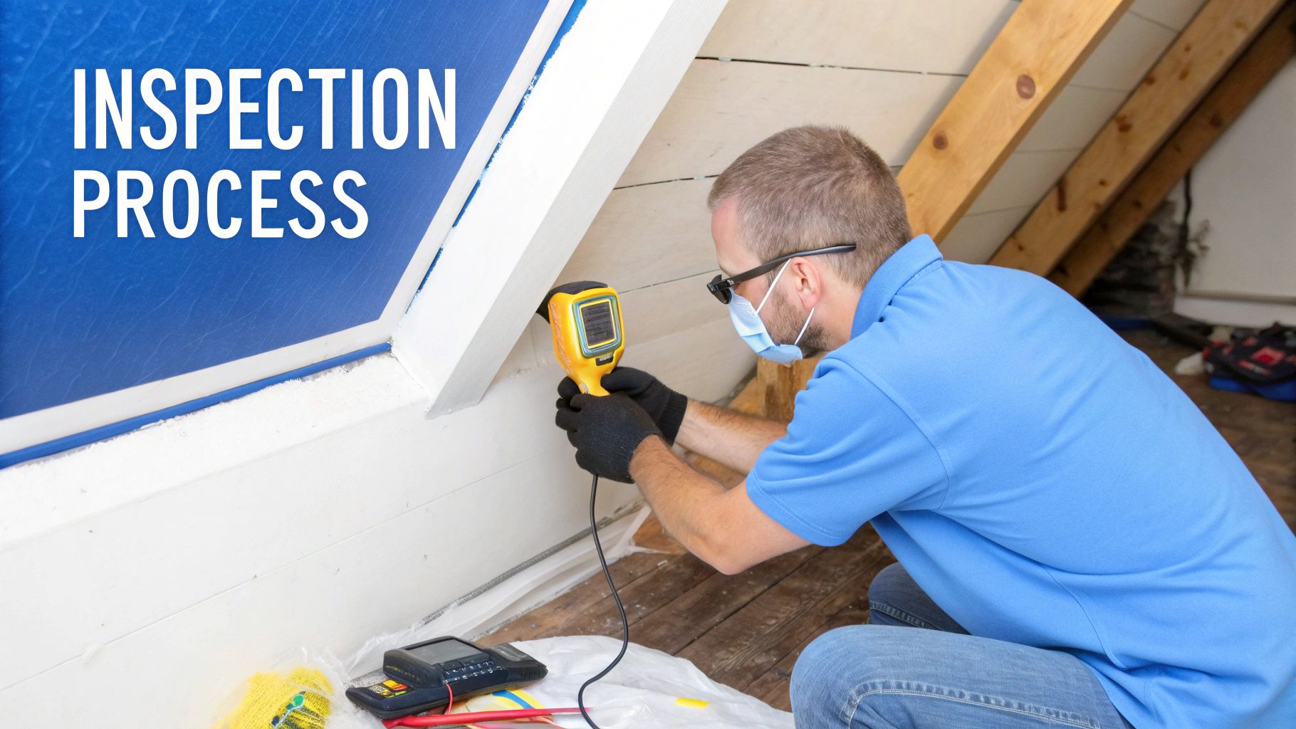 A masked and gloved professional performs an attic inspection with a yellow testing device, highlighting the 'INSPECTION PROCESS'.