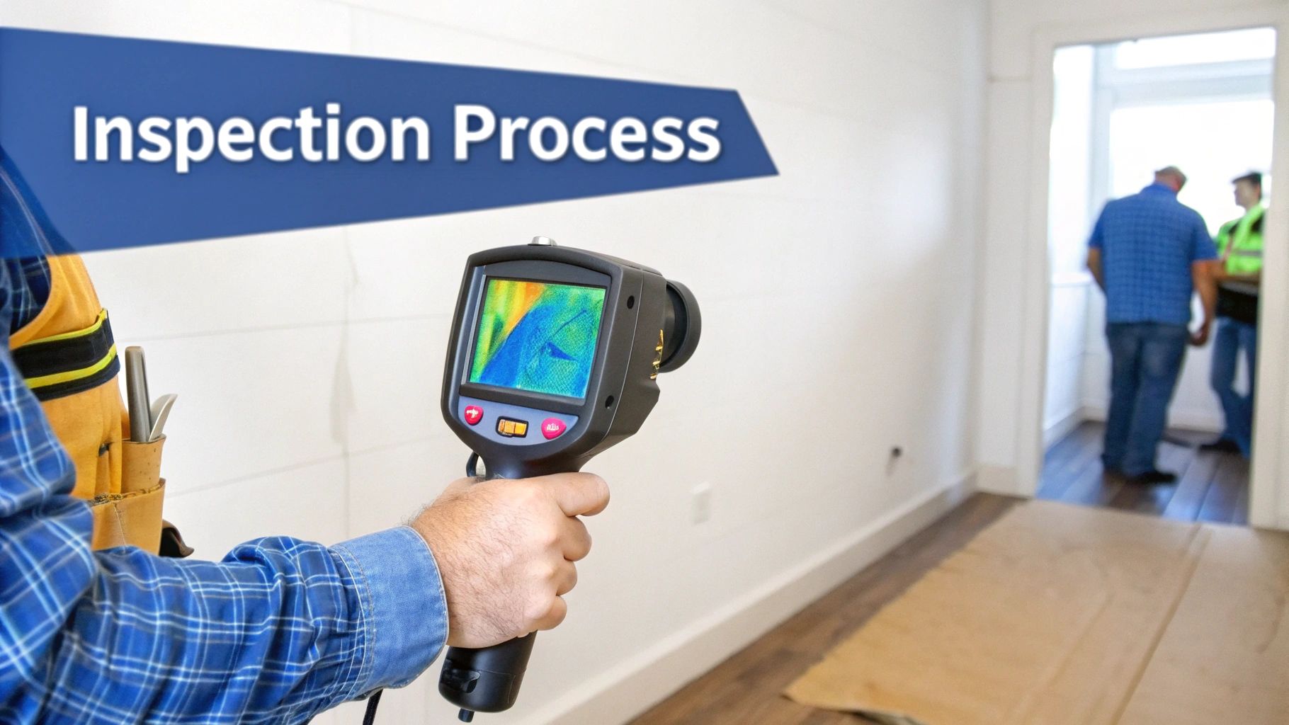 An inspector uses a thermal camera to scan a wall for issues, with 'Inspection Process' text visible.