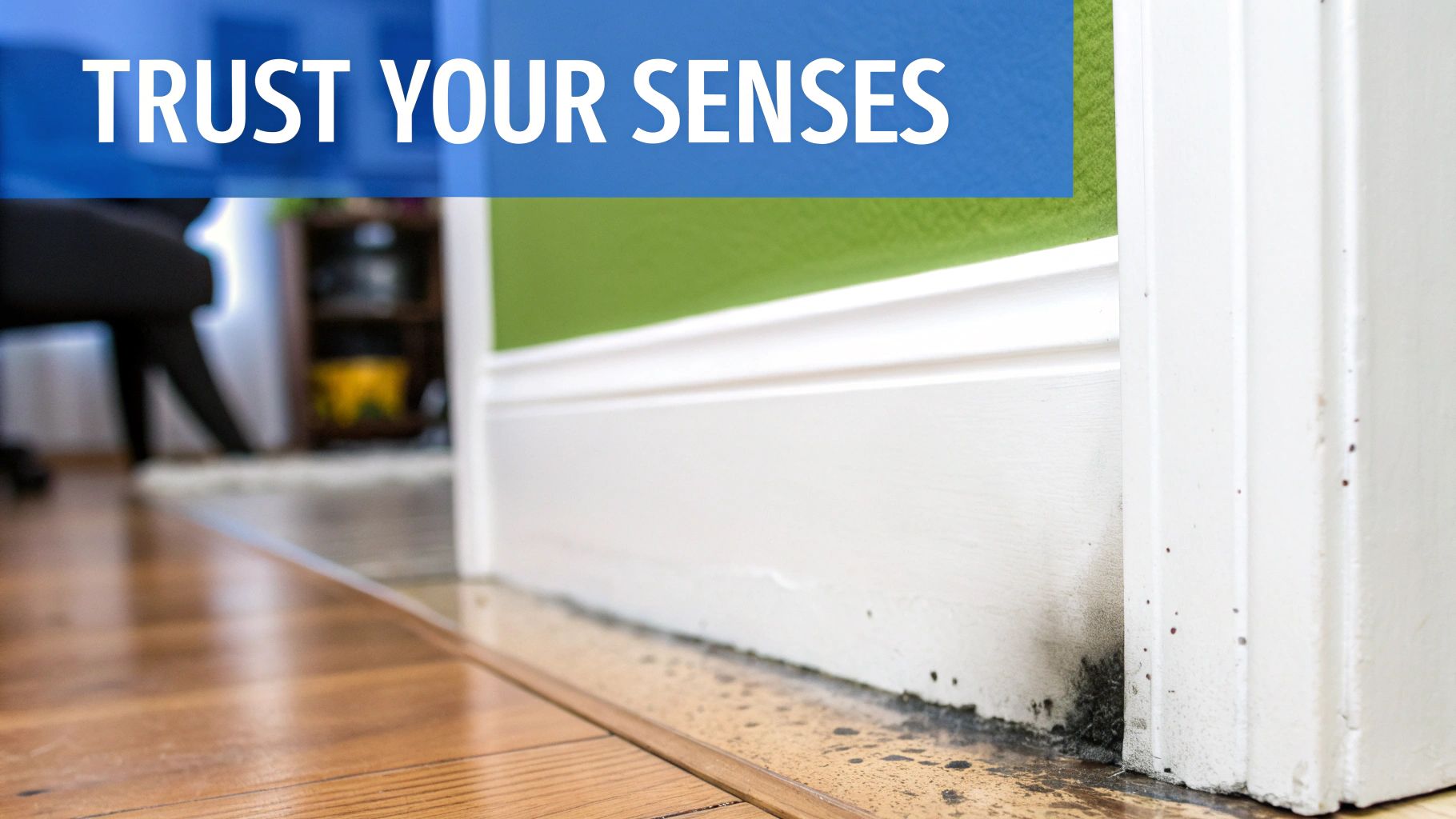Close-up of black mold growing along the bottom of a white wall and door frame next to a wooden floor.