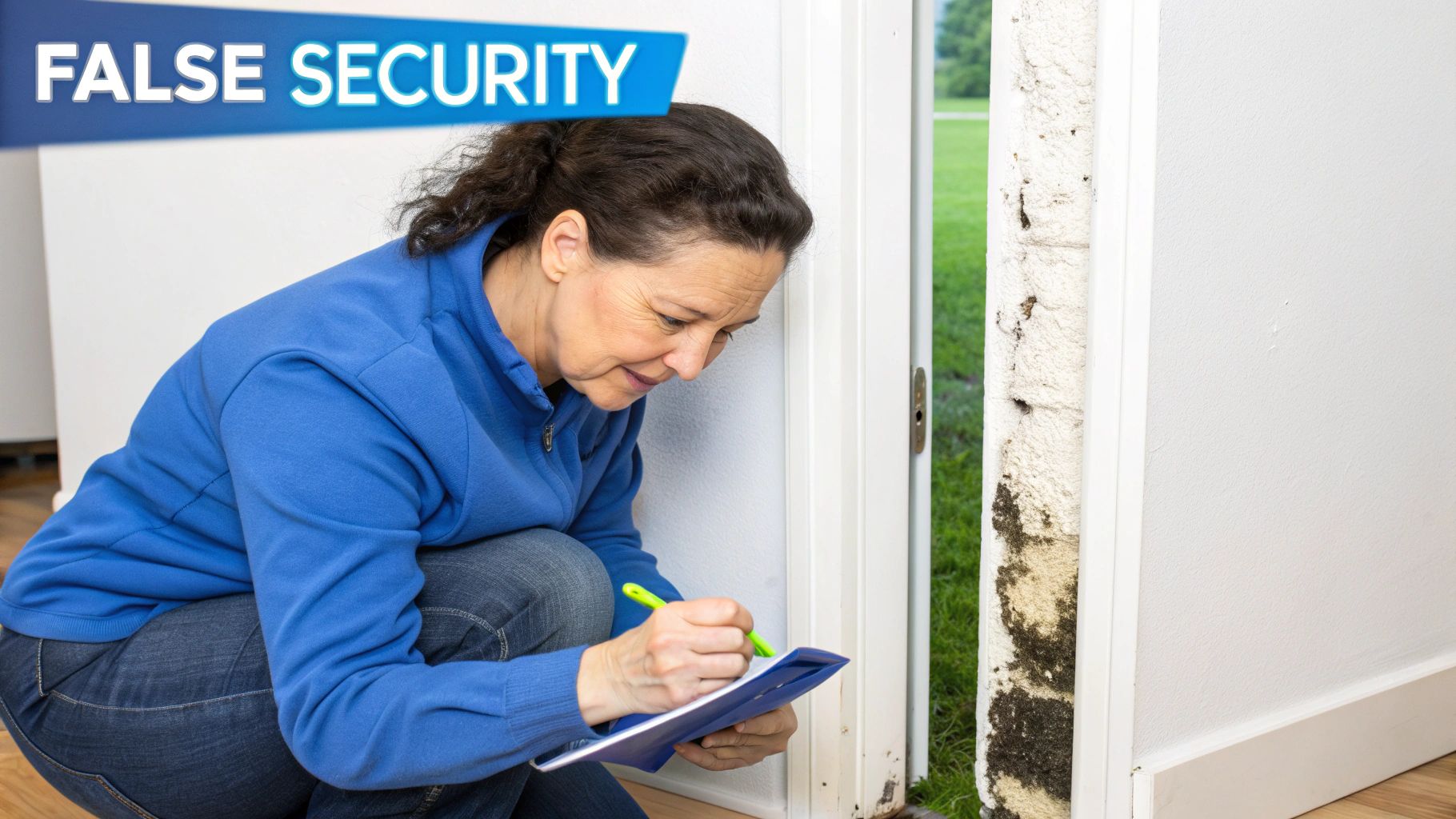 A woman inspects severe black mold on a white wall by a door, writing notes on a clipboard.