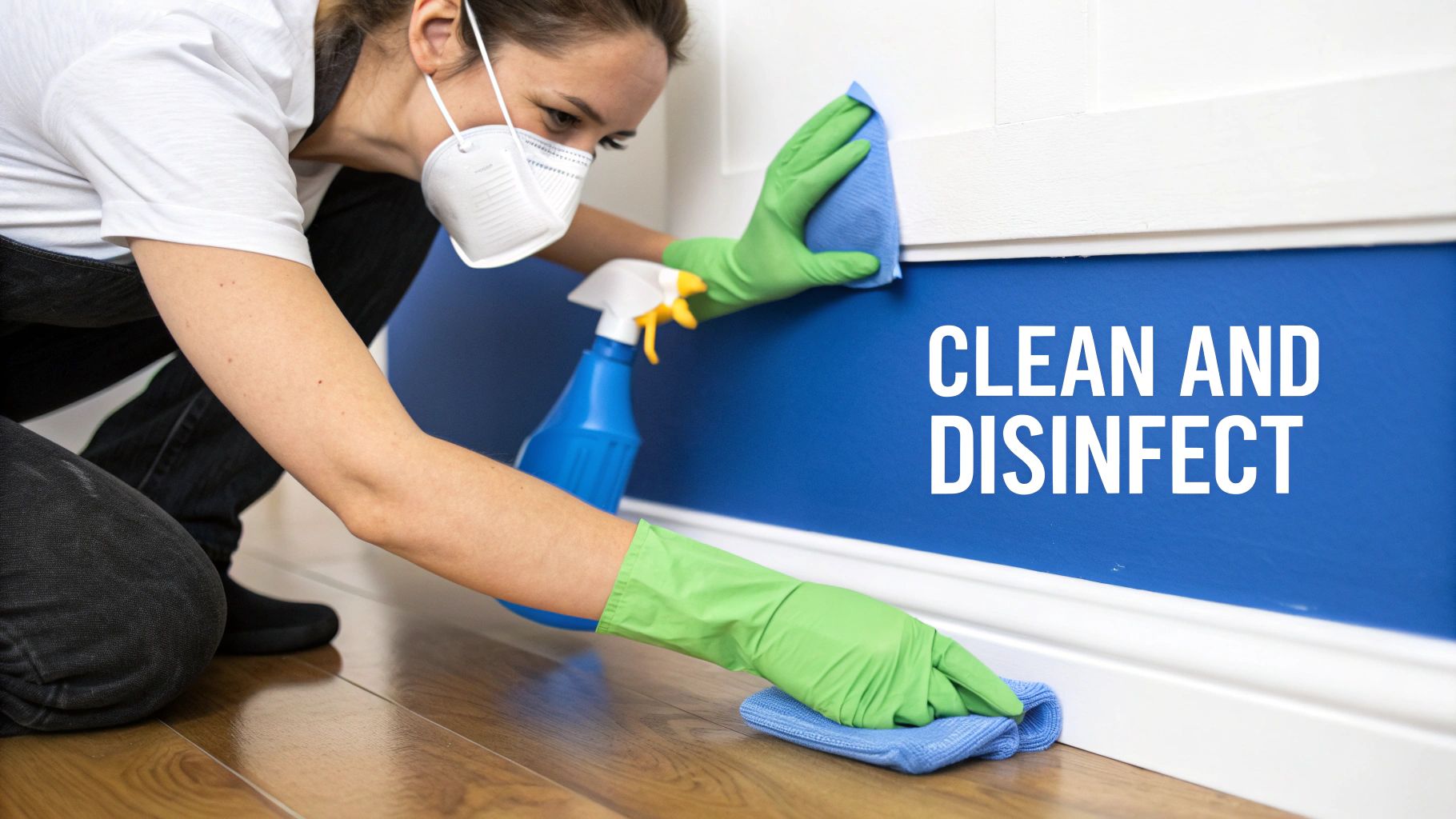 A person wearing protective gloves and a mask while cleaning a wall with a sponge after water damage.
