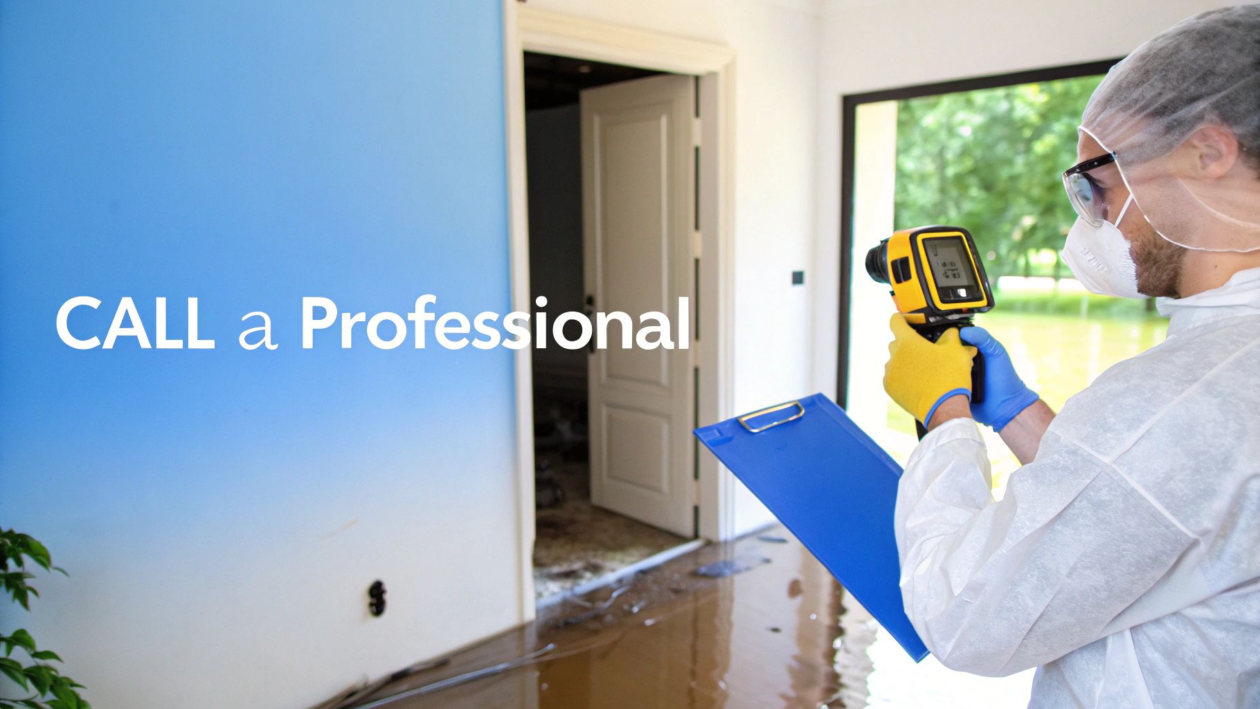 A professional mold inspector in protective gear using a flashlight to examine a water-damaged wall.