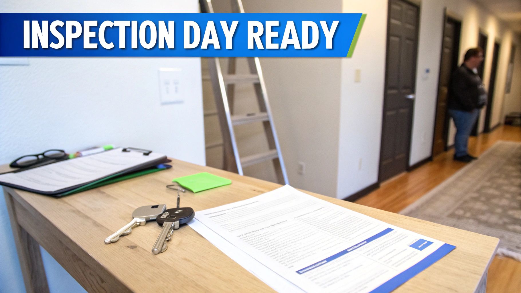 Home inspection documents, keys, and glasses on a table, prepared for the inspection day.