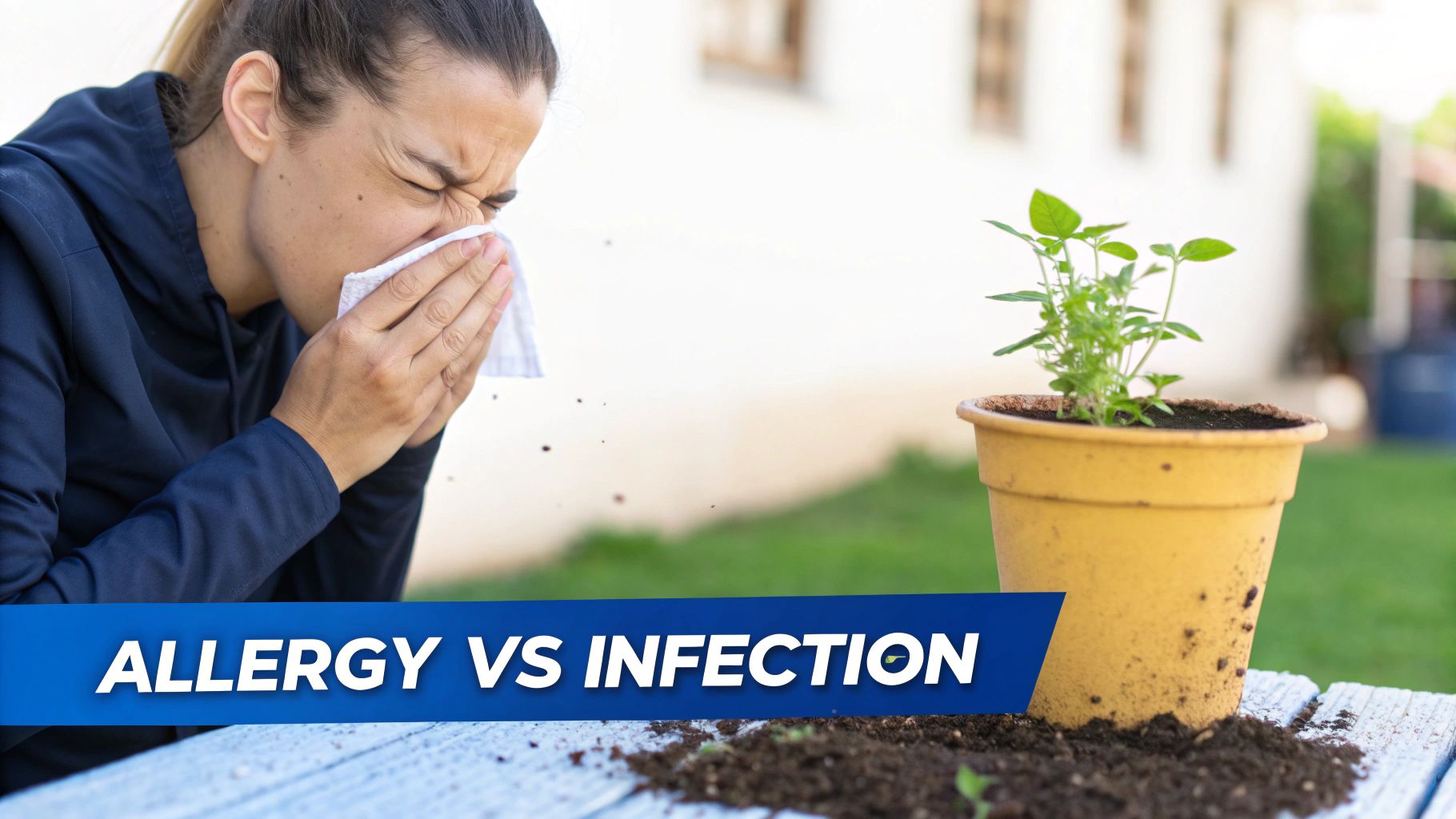 A person sneezes into a white tissue with a plant in a pot nearby, text reads 'ALLERGY VS INFECTION'.