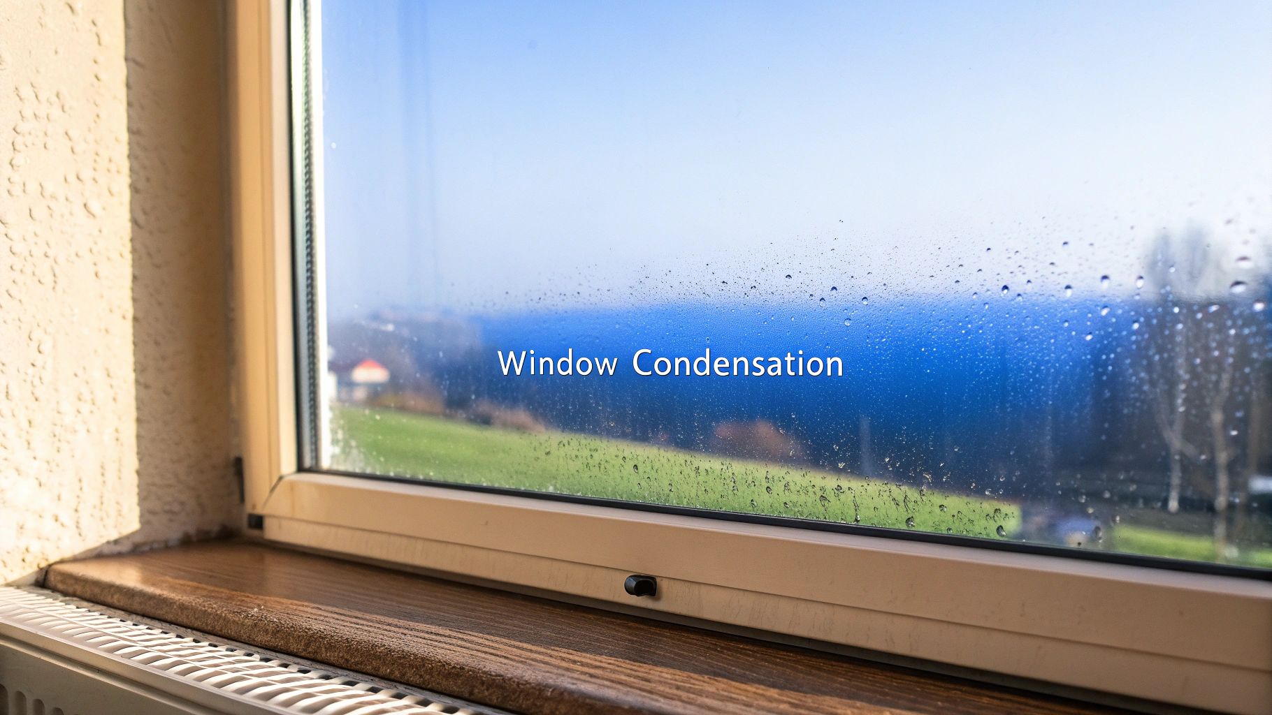 Window pane covered in water droplets from condensation, revealing a blurred outdoor scene with greenery and blue sky.