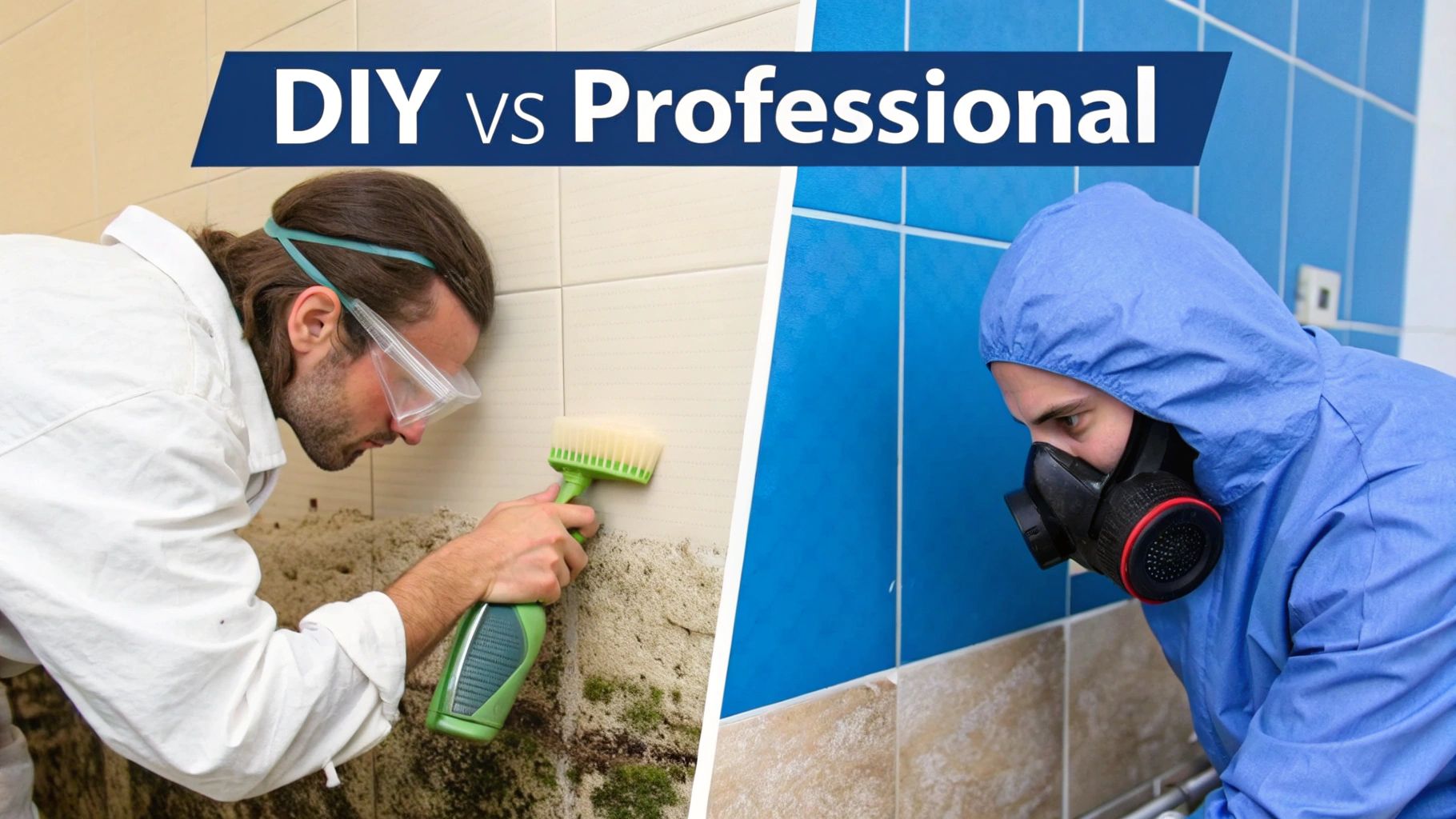Split image comparing DIY mold cleaning with a brush to professional mold remediation by a person in a hazmat suit.